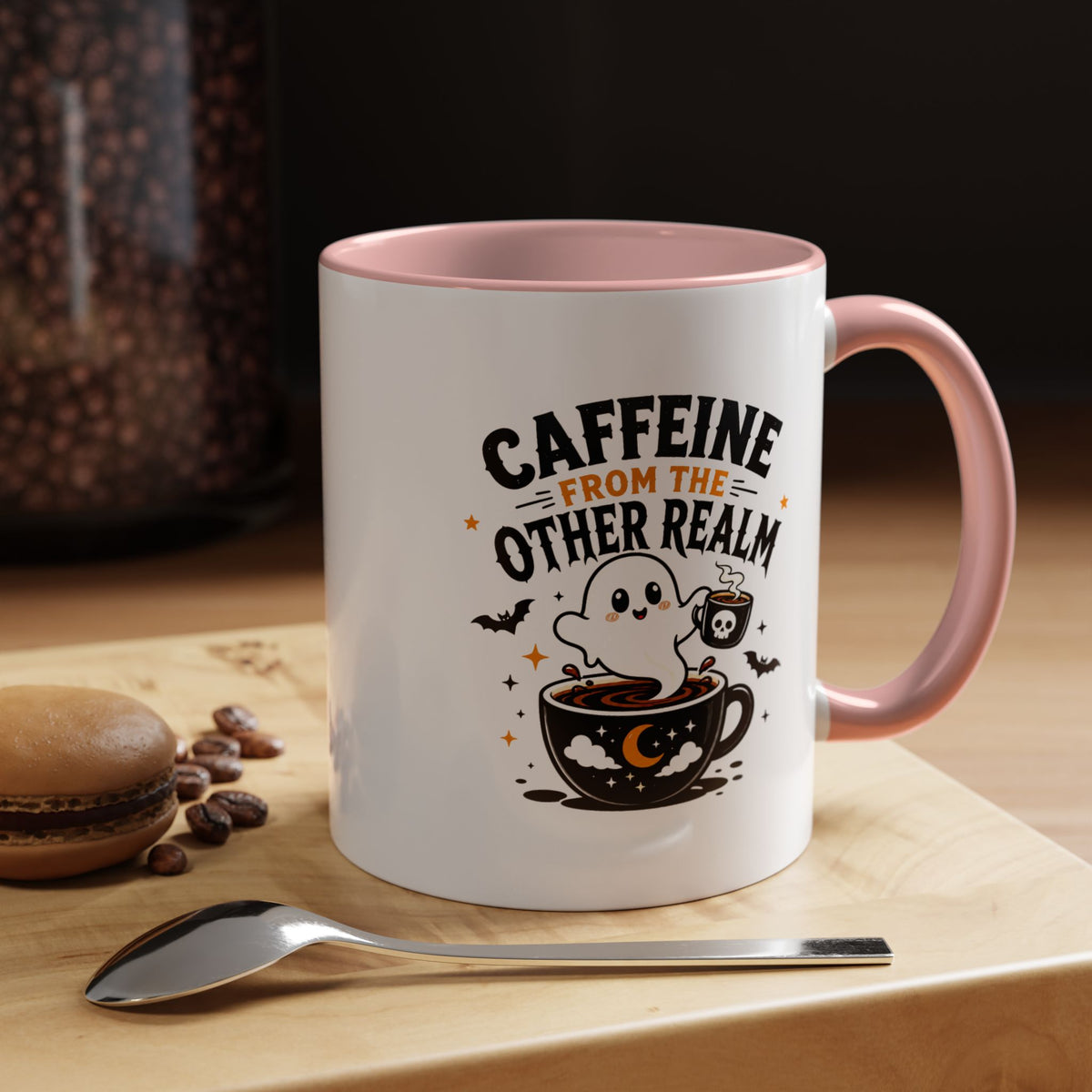 Halloween Ghost Coffee Mug, Caffeine From the Other Realm Black Accent Cup, Funny Spooky Gift for Coffee Lover, Barista or Coworker