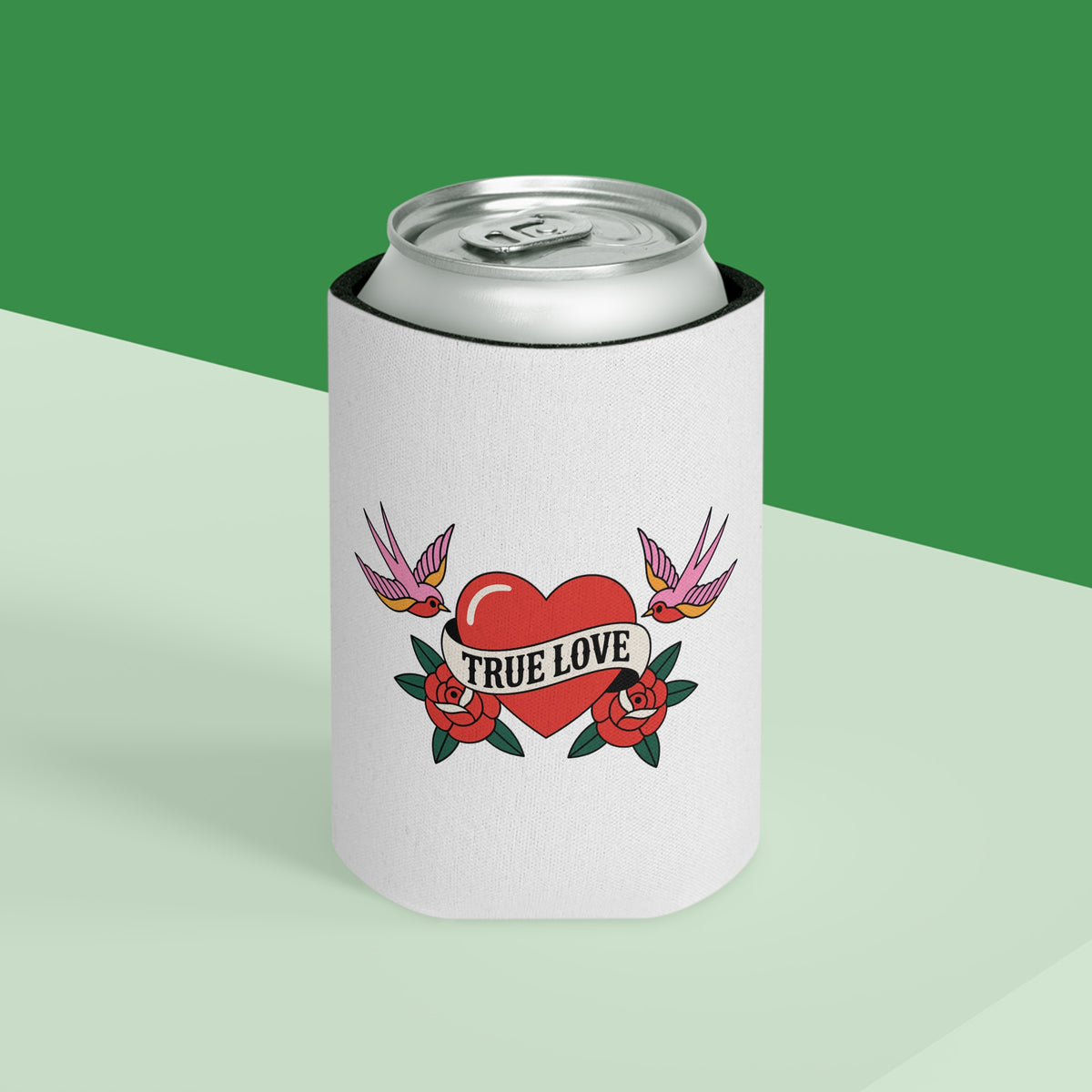 True Love Can Cooler, Vintage Heart and Roses Drink Sleeve, Romantic Valentine's Day Gift, Retro Tattoo Style Gift for Couples