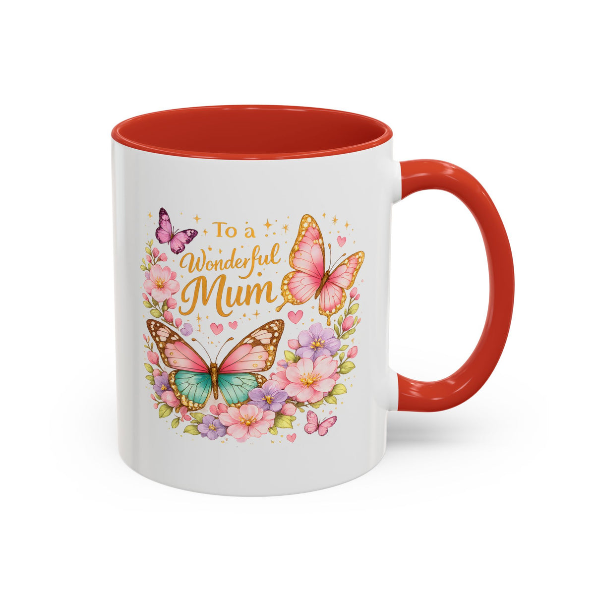To a Wonderful Mum Coffee Mug, Cute Butterfly Birthday Gift for Mother, Floral Pastel Watercolor Ceramic Tea Cup with Pink Handle, Mum Gift