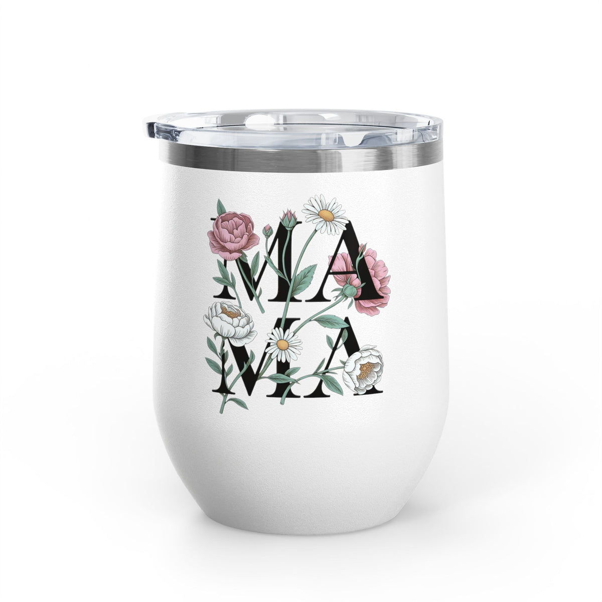Floral Mama Wine Tumbler, Flower Wine Cup for Mom, Botanical Drinkware, Mothers Day Gift for Mom, Feminine Coffee and Wine Tumbler