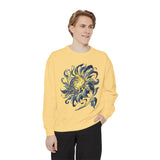 Celestial Sun Graphic Sweatshirt, Blue and Gold Cosmic Pullover, Mystical Night Sky Top, Astrology Gift for Stargazers and Dreamers