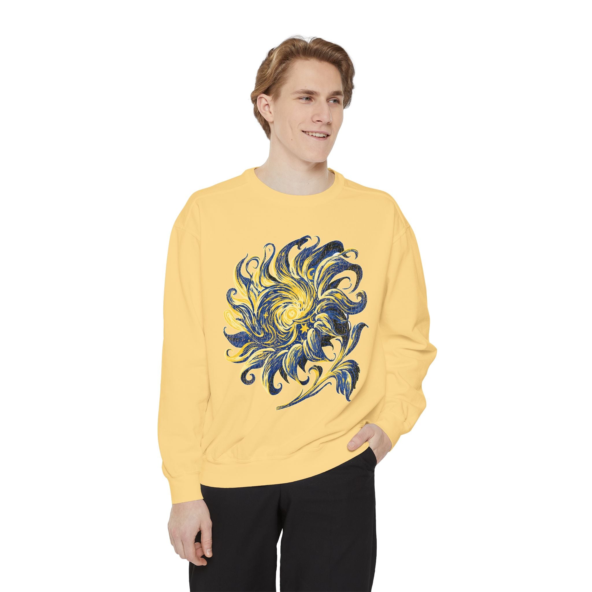 Celestial Sun Graphic Sweatshirt, Blue and Gold Cosmic Pullover, Mystical Night Sky Top, Astrology Gift for Stargazers and Dreamers