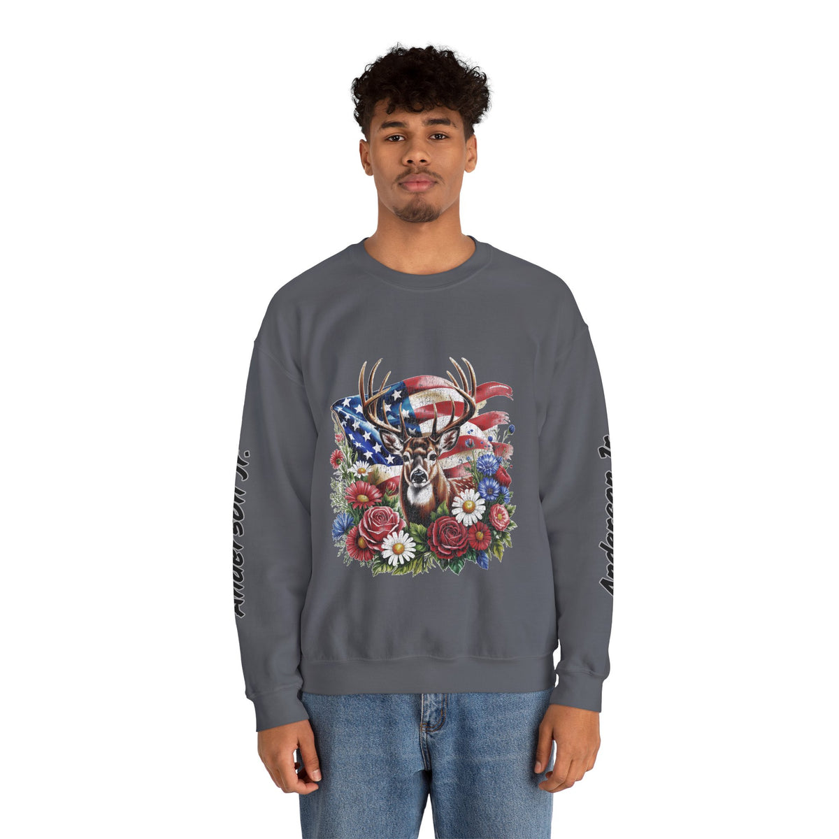Personalized Hunting Family Sweatshirt, Custom Deer Patriotic Pullover, American Flag Floral Crewneck, Family Gift, Outdoorsman Shirt