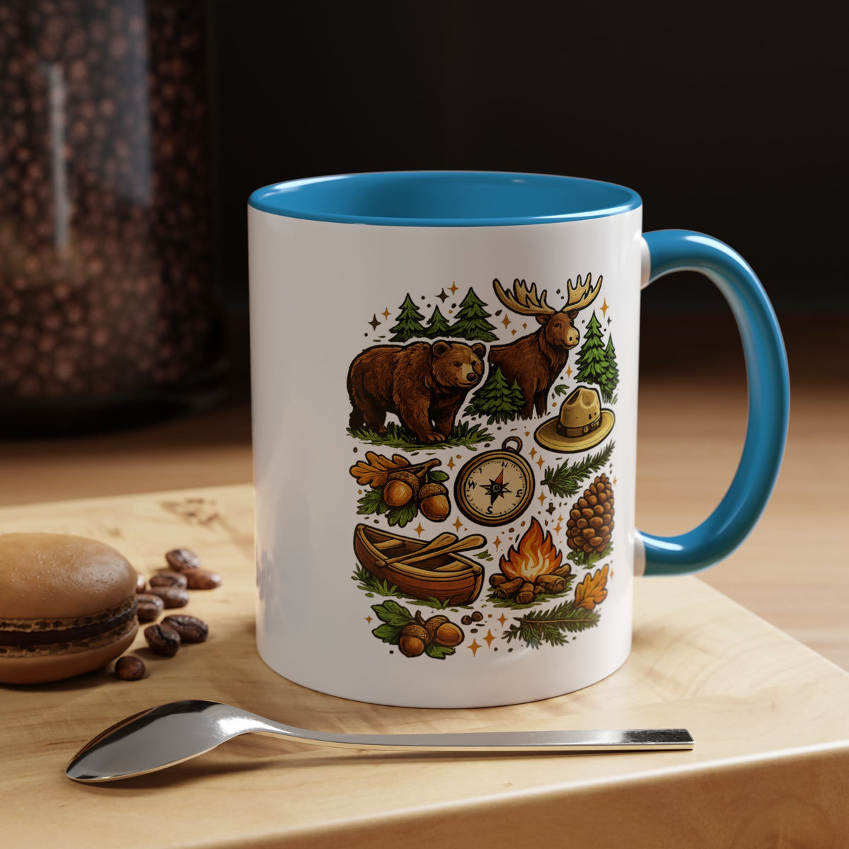 Camping Mug, Woodland Wildlife Coffee Cup, Bear and Moose Outdoor Gift, Rustic Cabin Kitchen Decor, Birthday Present for Camper or Hiker