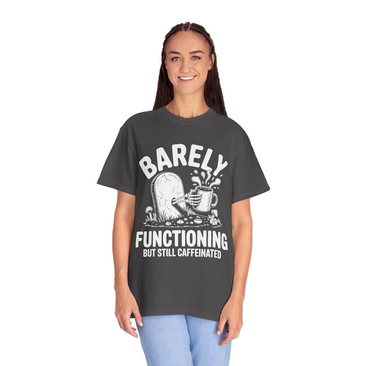 Funny Coffee Lover Comfort Colors Shirt, Barely Functioning But Still Caffeinated Tee, Gothic Humor Graphic Shirt, Espresso Addict Gift