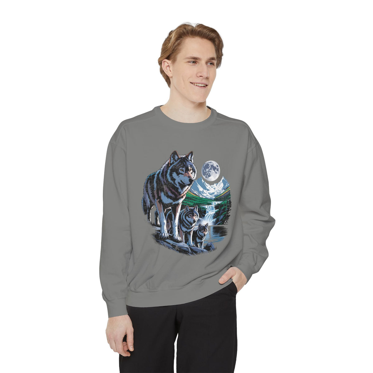 Wolf Pack Mountain Sweatshirt, Moonlit Wildlife Crewneck, Nature Lover Gift, Wilderness Forest Graphic Cozy Outdoor Pullover Unisex Top