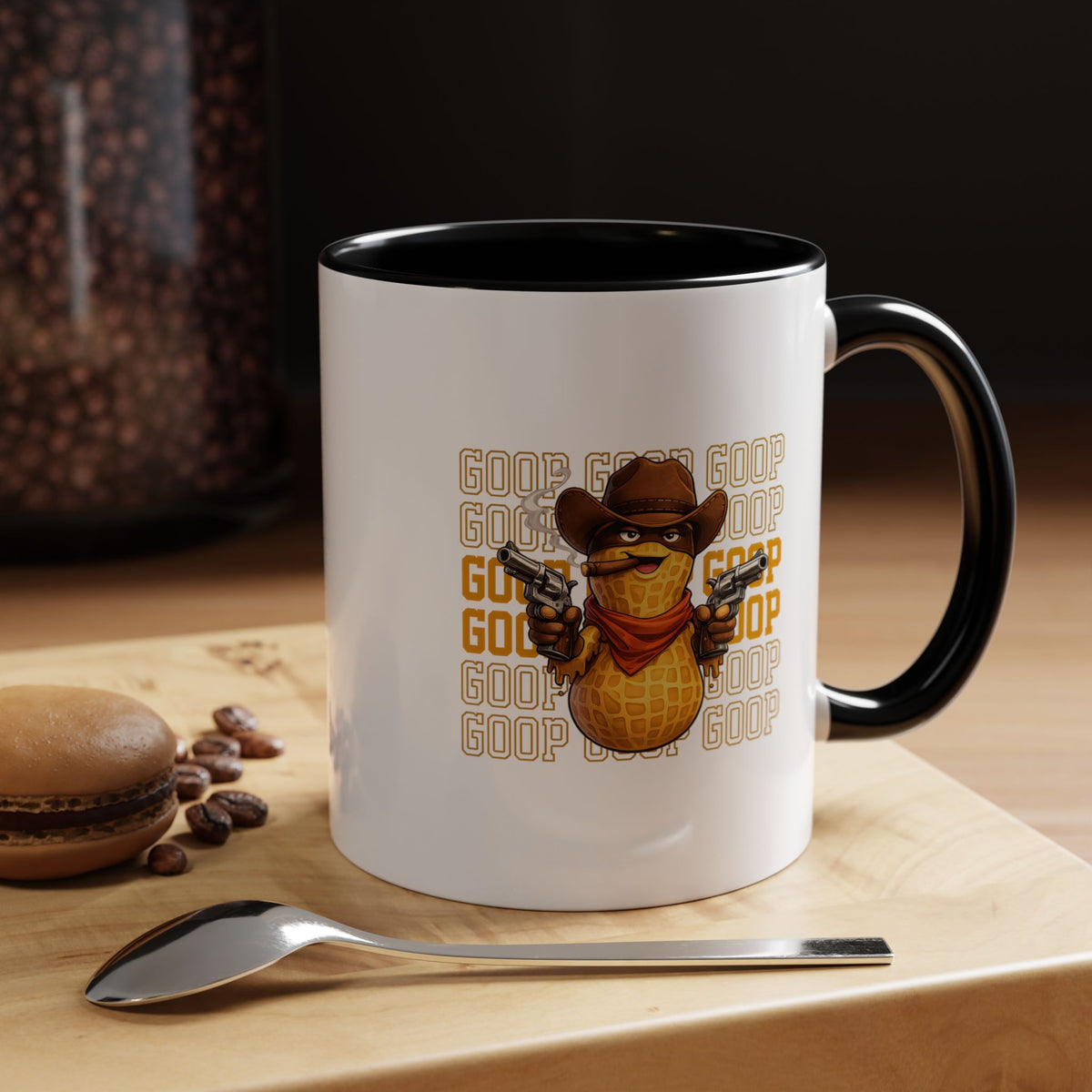 Good Repeating Slogan Cowboy Peanut Mug, Funny Western Office Joke Gift for Coworkers, Sarcastic Outlaw Ceramic Tea Cup with Dark Blue Handle