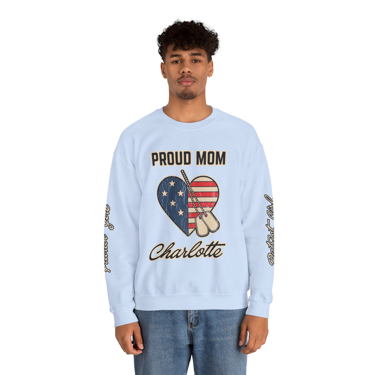Personalized Proud Mom Sweatshirt, Custom Military Mom Pullover, American Flag Heart Crewneck, Military Mom Gift, Patriotic Mother Shirt
