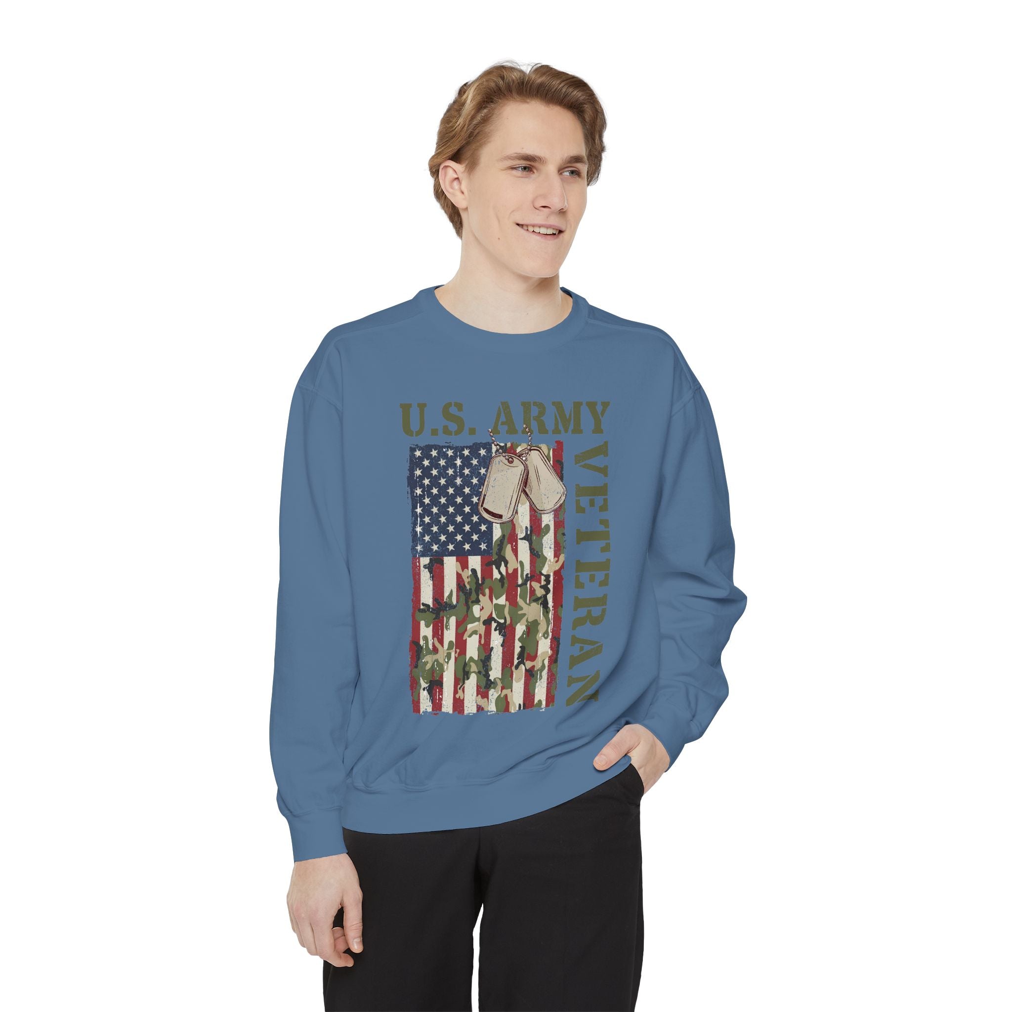 US Army Veteran Sweatshirt, American Flag Camo Crewneck, Military Dog Tag Pullover, Patriotic Soldier Gift, Retirement or Veterans Day Top