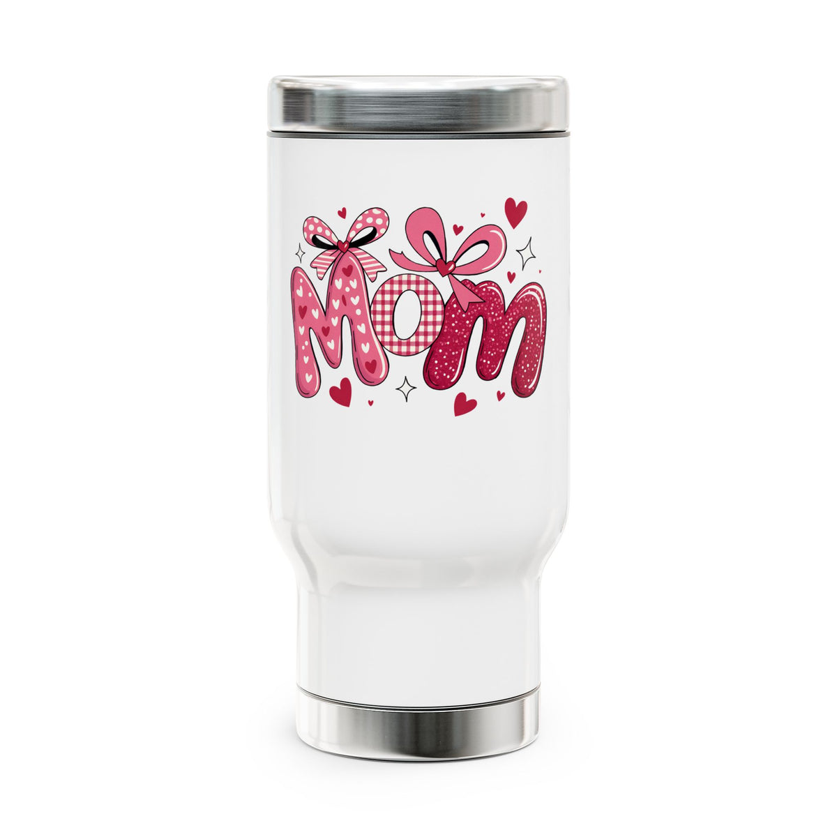Mom Stainless Steel Travel Mug, Mother's Day Coffee Cup, Bow Heart Drinkware, Gift for Mom, Cute Insulated Mug, Mom Appreciation Gift