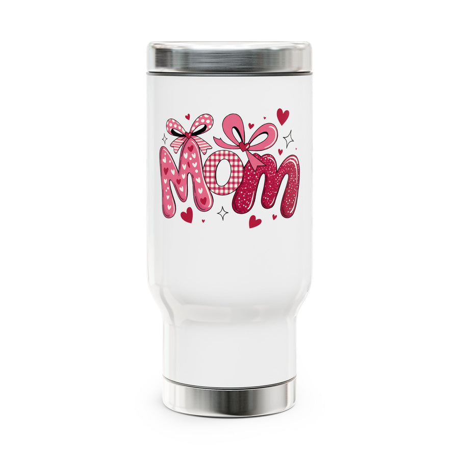 A white stainless steel travel mug with a silver lid and base, printed with "Mom" in pink heart-print, gingham and glitter letters topped with pink bows and small hearts.