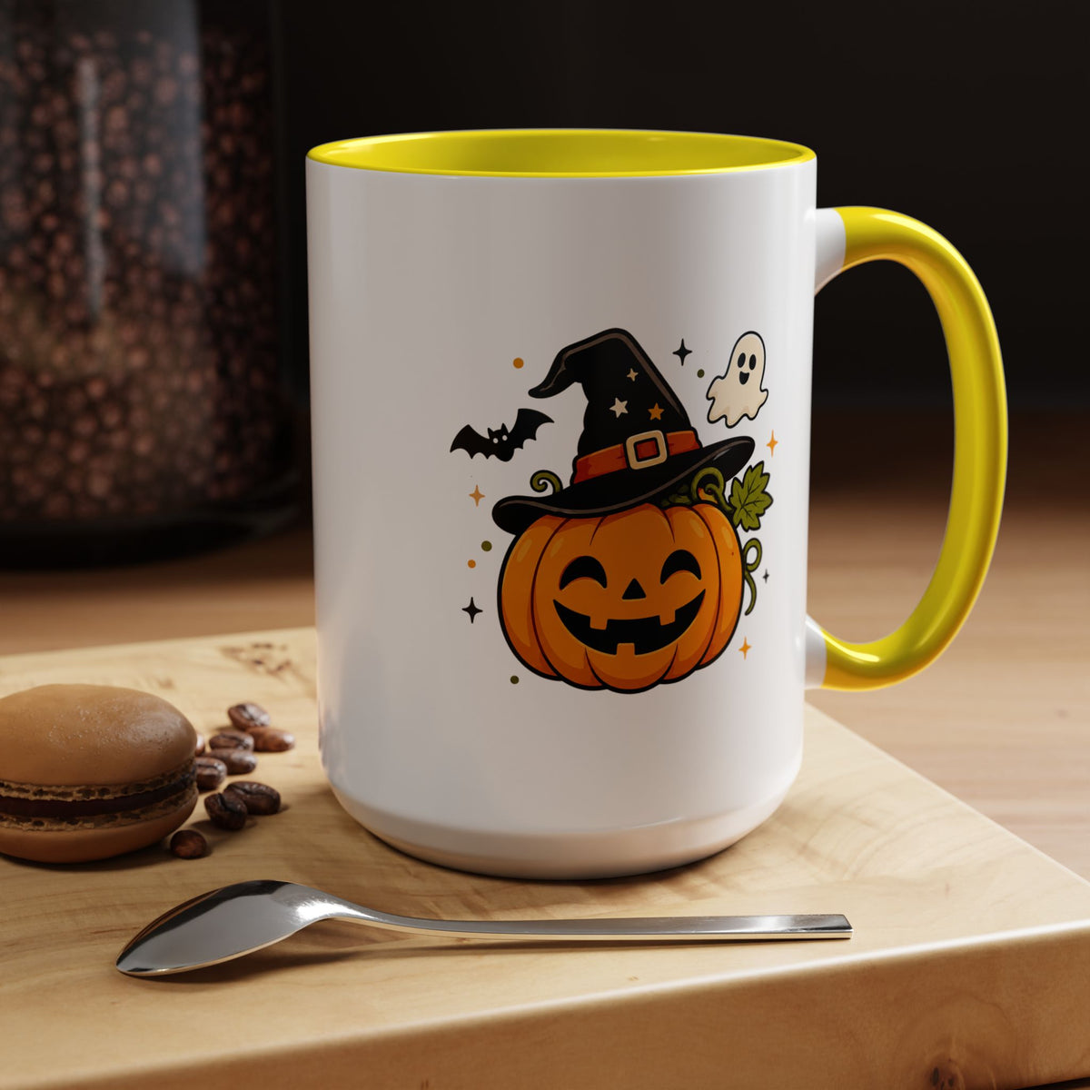 Cute Pumpkin Halloween Mug, Smiling Jack O Lantern Black Accent Coffee Cup, Cute Friendly Ghost Gift for Kids, Teachers or Fall Lovers