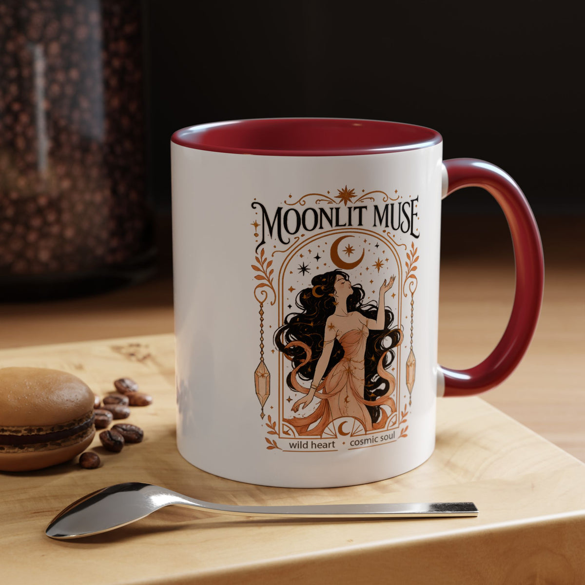 Moonlit Muse Coffee Mug, Celestial Goddess Art Mug, Mystic Moon Aesthetic Cup, Boho Spiritual Gift for Women, Cosmic Soul Coffee Mug