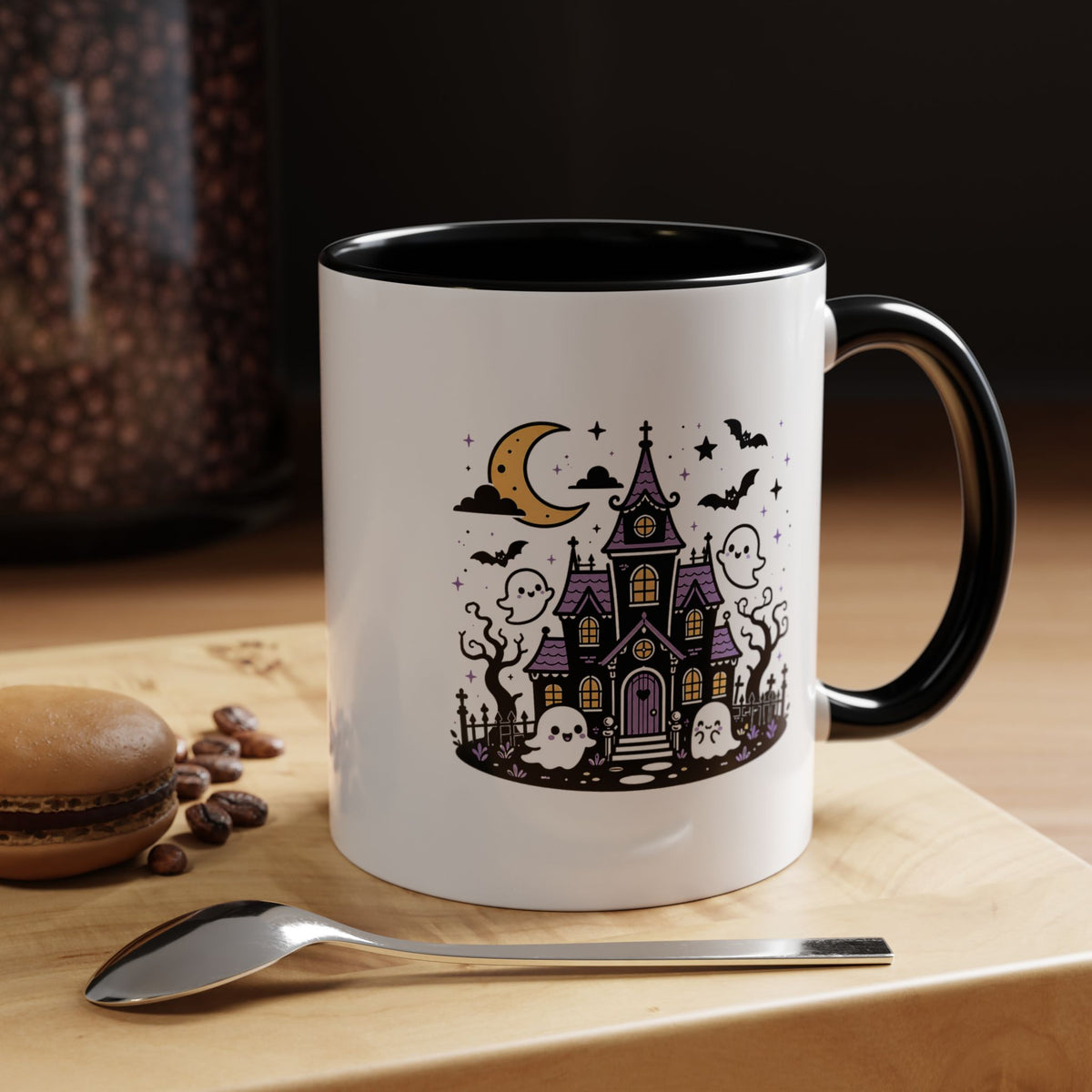 Cute Haunted House Mug, Kawaii Ghost Halloween Coffee Cup, Spooky Season Gift for Her, Purple Witchy Decor, Cozy Fall Birthday Present