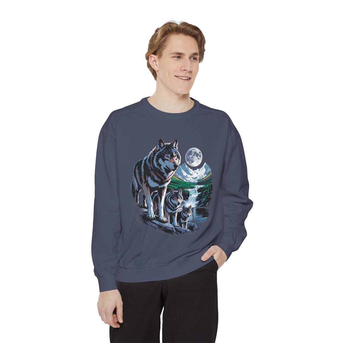 Wolf Pack Mountain Sweatshirt, Moonlit Wildlife Crewneck, Nature Lover Gift, Wilderness Forest Graphic Cozy Outdoor Pullover Unisex Top