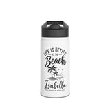 Personalized Beach Kids Water Bottle, Stainless Steel Straw Bottle, Custom Name Family Vacation Bottle, Kids Beach Trip Gift