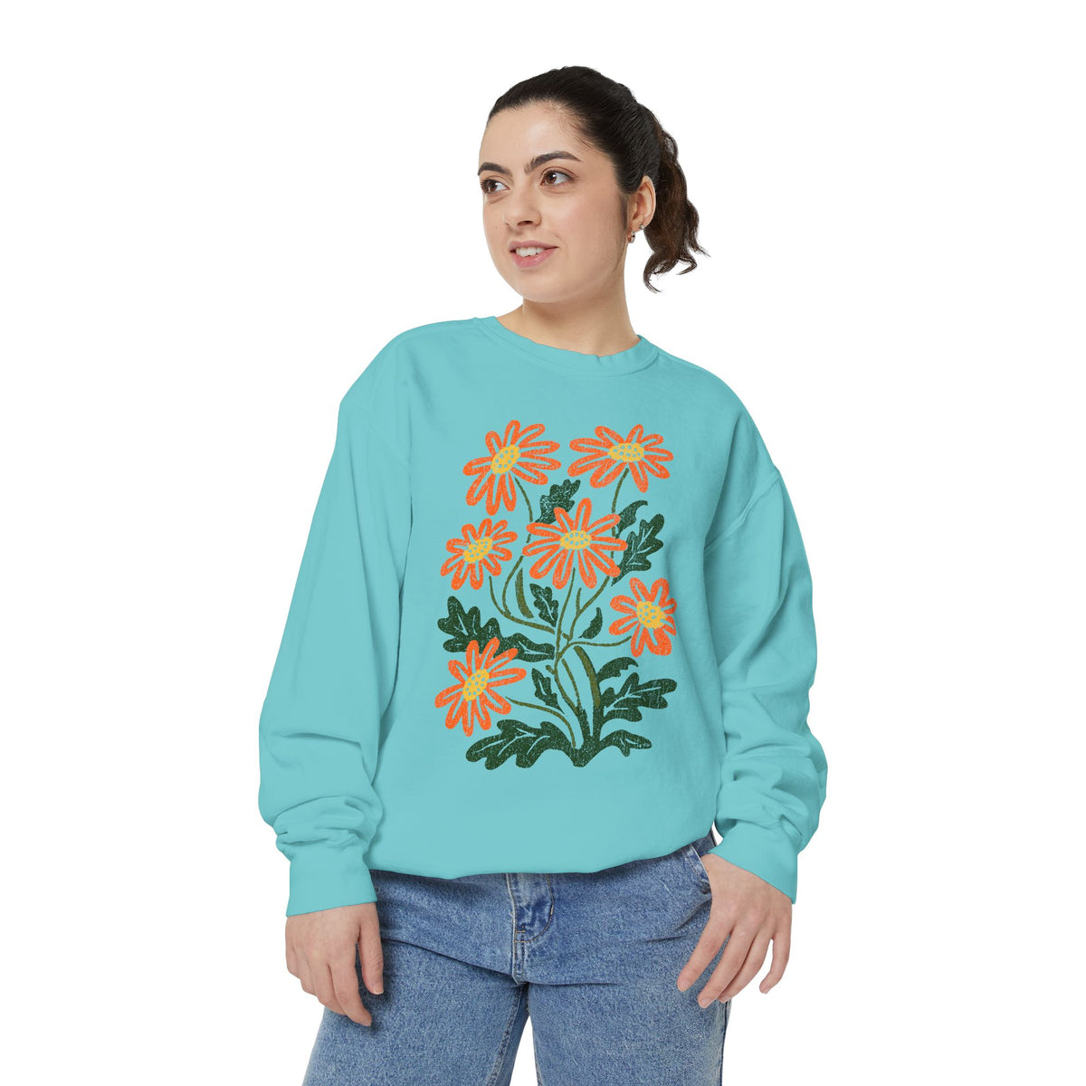 Orange Daisy Graphic Sweatshirt, Retro Floral Pullover for Flower Lovers, Groovy Botanical Top, Cheerful Garden Gift for Women