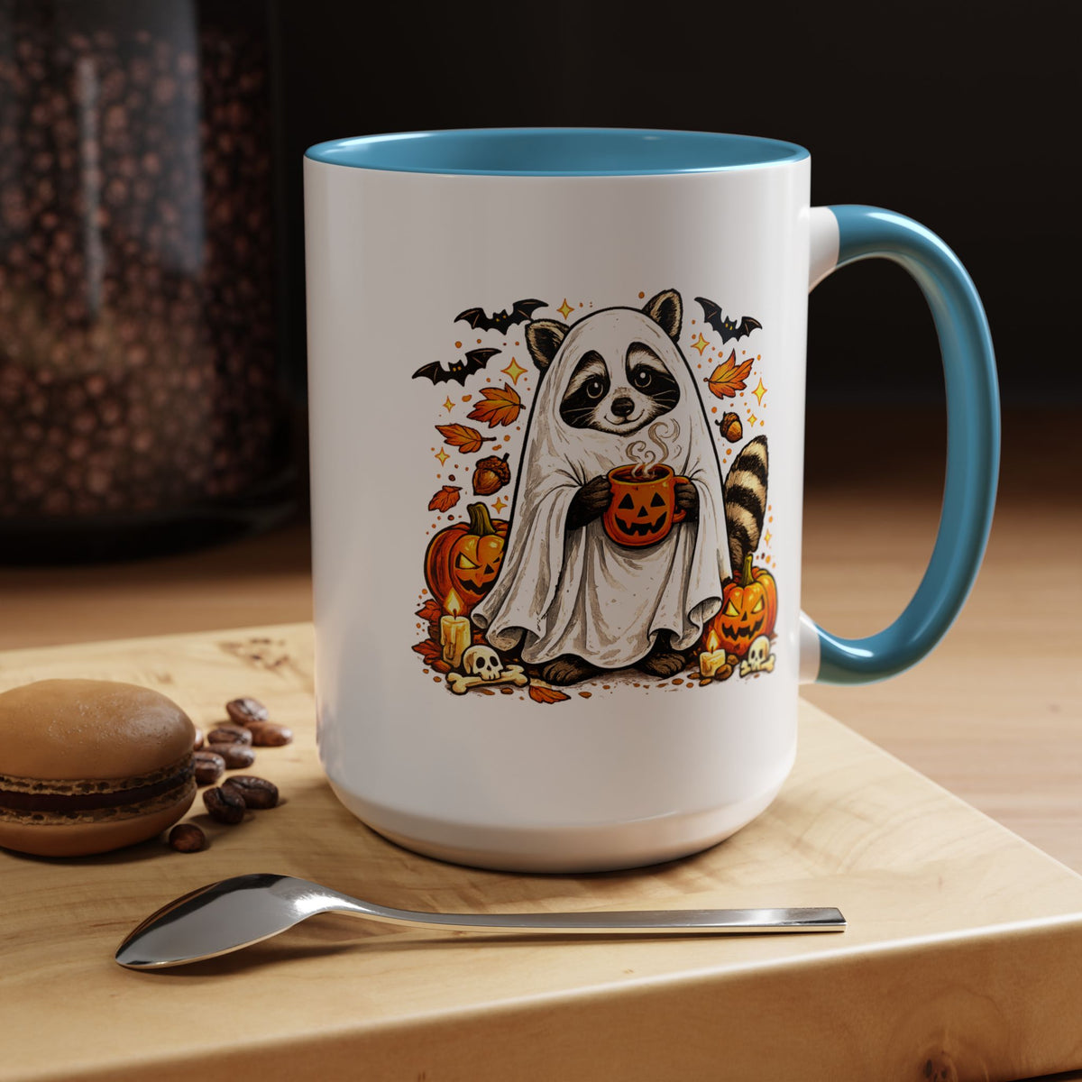 Cute Raccoon Halloween Mug, Ghost Costume Coffee Cup, Spooky Pumpkin Gift for Animal Lover, Fall Birthday or October Office Desk Decor