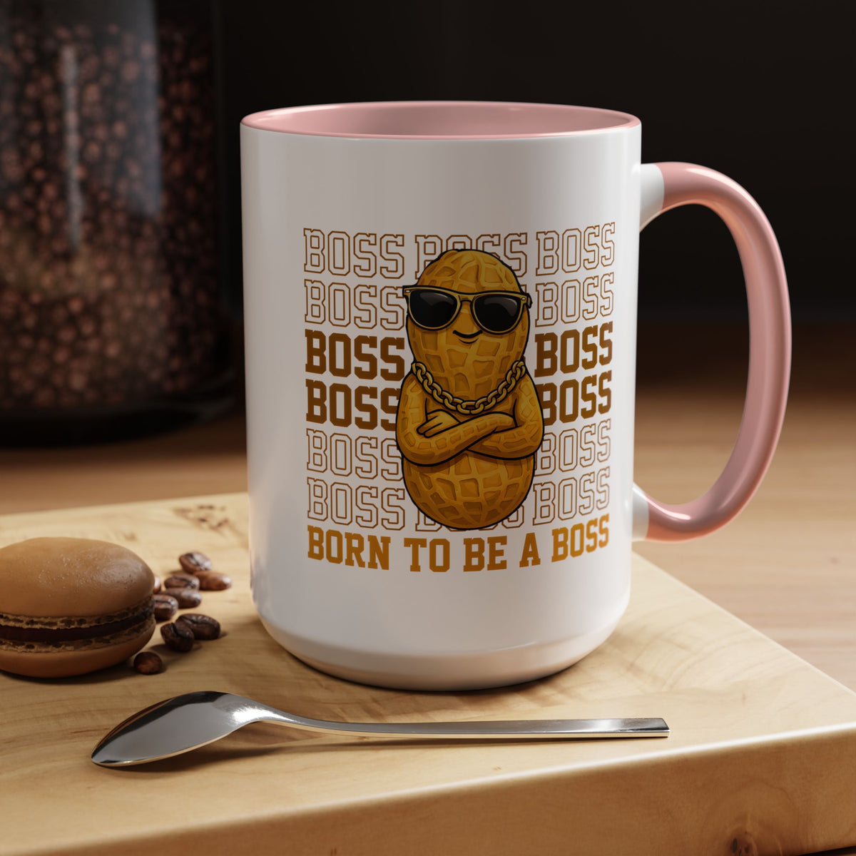 Born To Be A Boss Coffee Mug, Funny Peanut Office Joke Gift for Coworkers, Sarcastic Corporate Manager Ceramic Tea Cup with Orange Handle