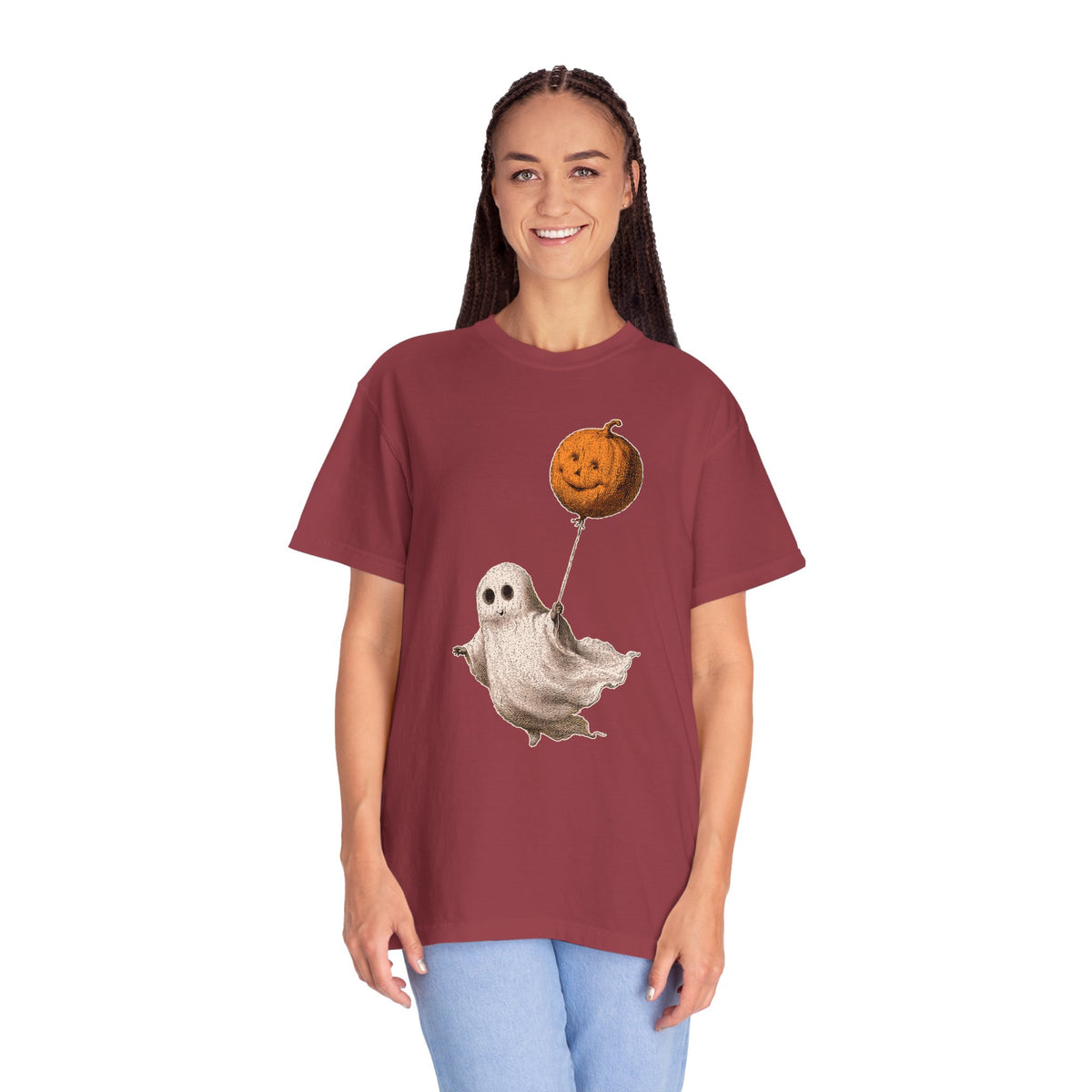 Cute Ghost Halloween Shirt, Pumpkin Balloon Graphic Tee, Vintage Spooky Season Gift for Women, Cozy October Fall Outfit for Ghost Lovers