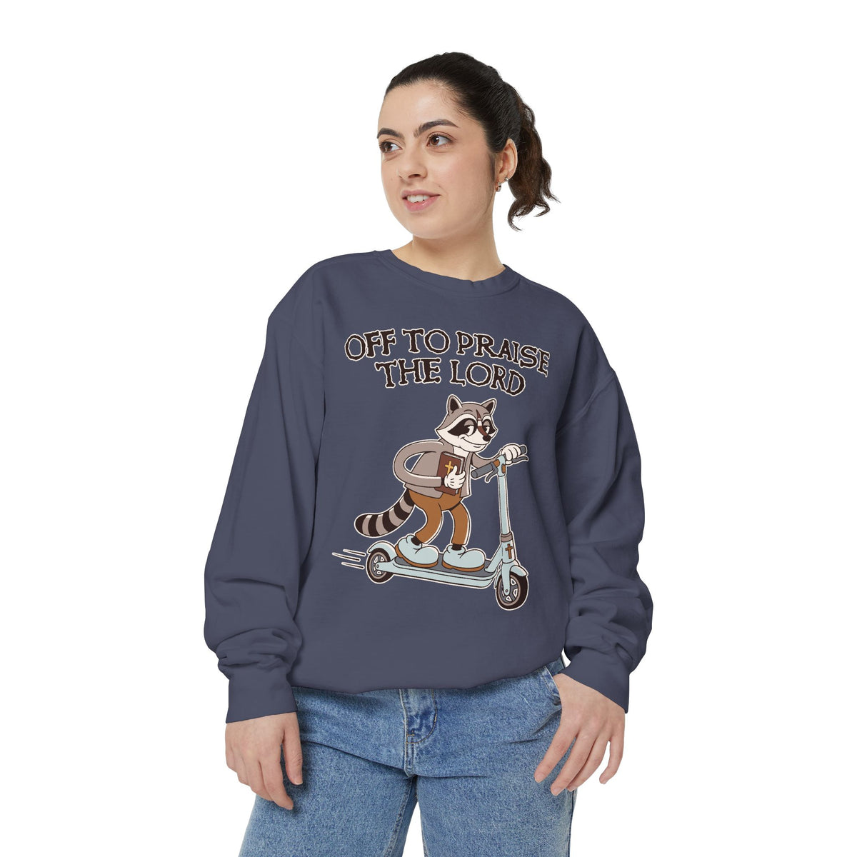 Christian Raccoon Comfort Colors Sweatshirt, Off to Praise the Lord Crewneck, Cute Faith Based Graphic Sweatshirt for Women