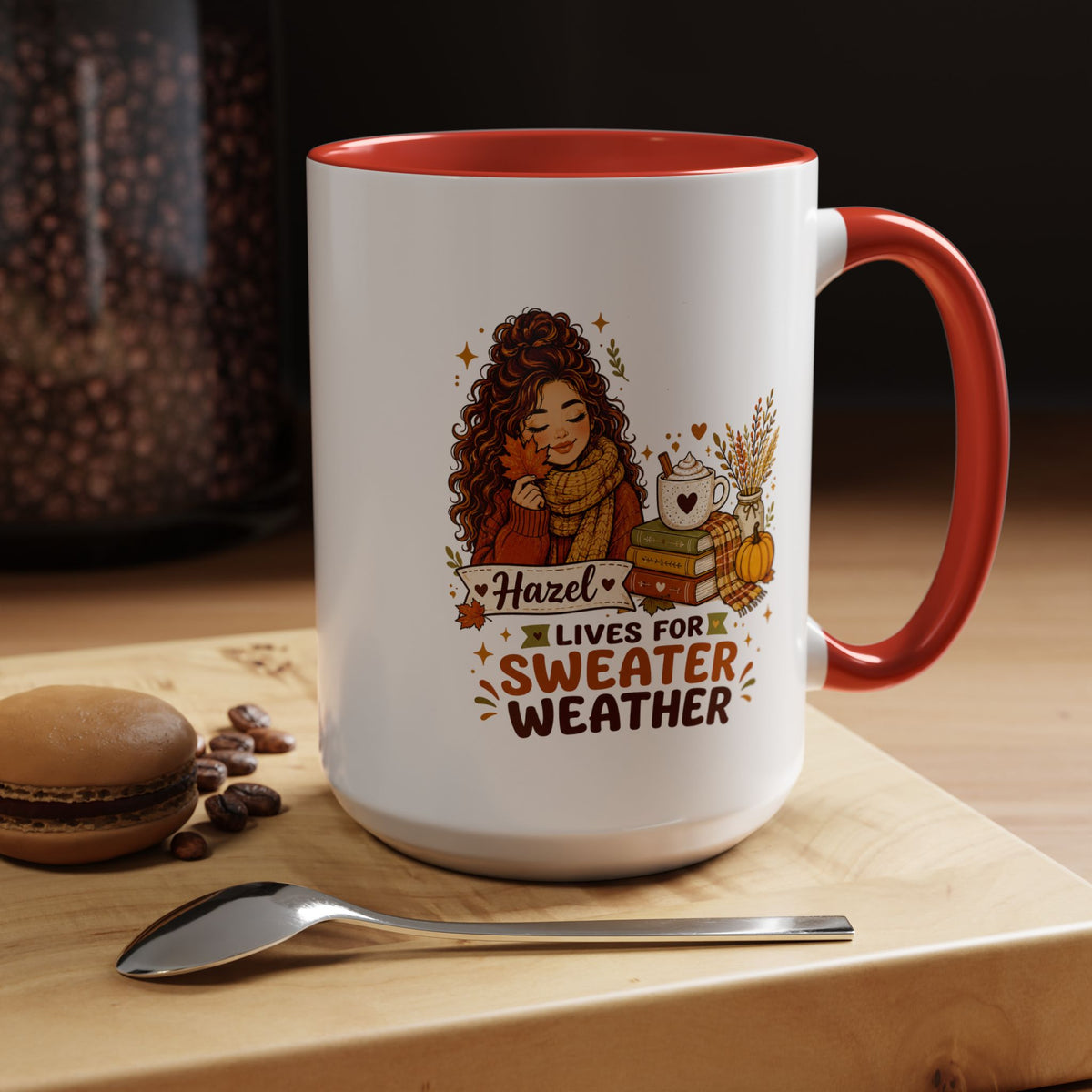 Personalized Sweater Weather Mug, Custom Name Fall Coffee Cup, Cozy Book Lover Gift for Her, Autumn Pumpkin and Reading Design