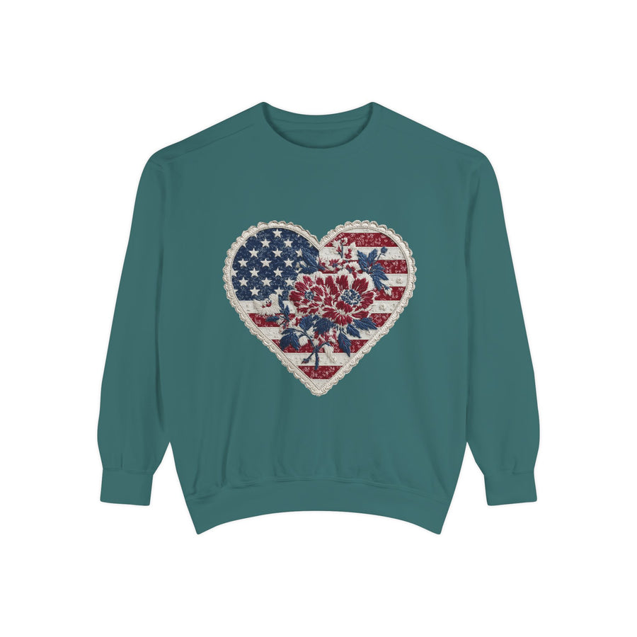 Patriotic Floral Heart Comfort Sweatshirt, American Flag Heart Crewneck, Fourth of July Sweatshirt, USA Gift for Women