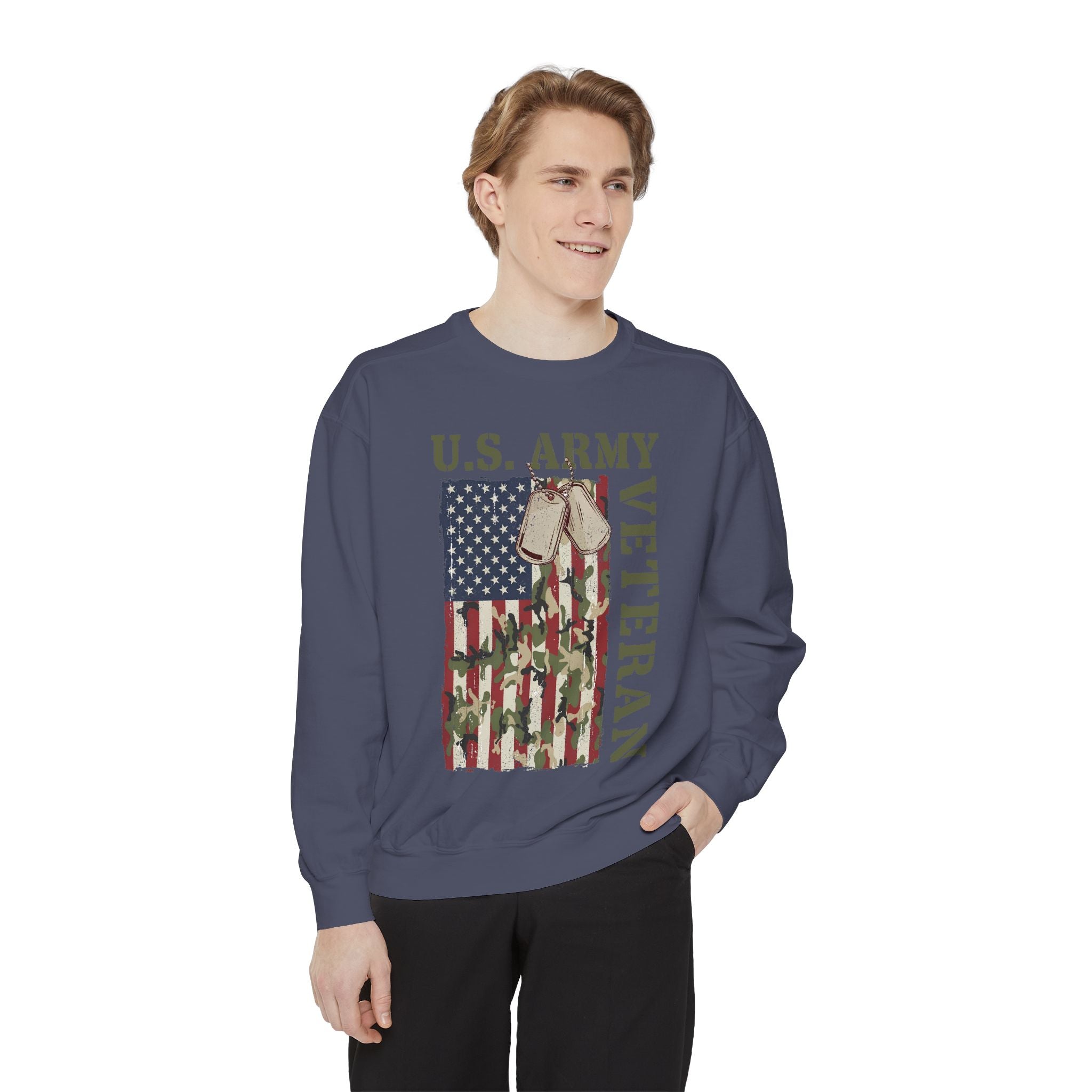 US Army Veteran Sweatshirt, American Flag Camo Crewneck, Military Dog Tag Pullover, Patriotic Soldier Gift, Retirement or Veterans Day Top