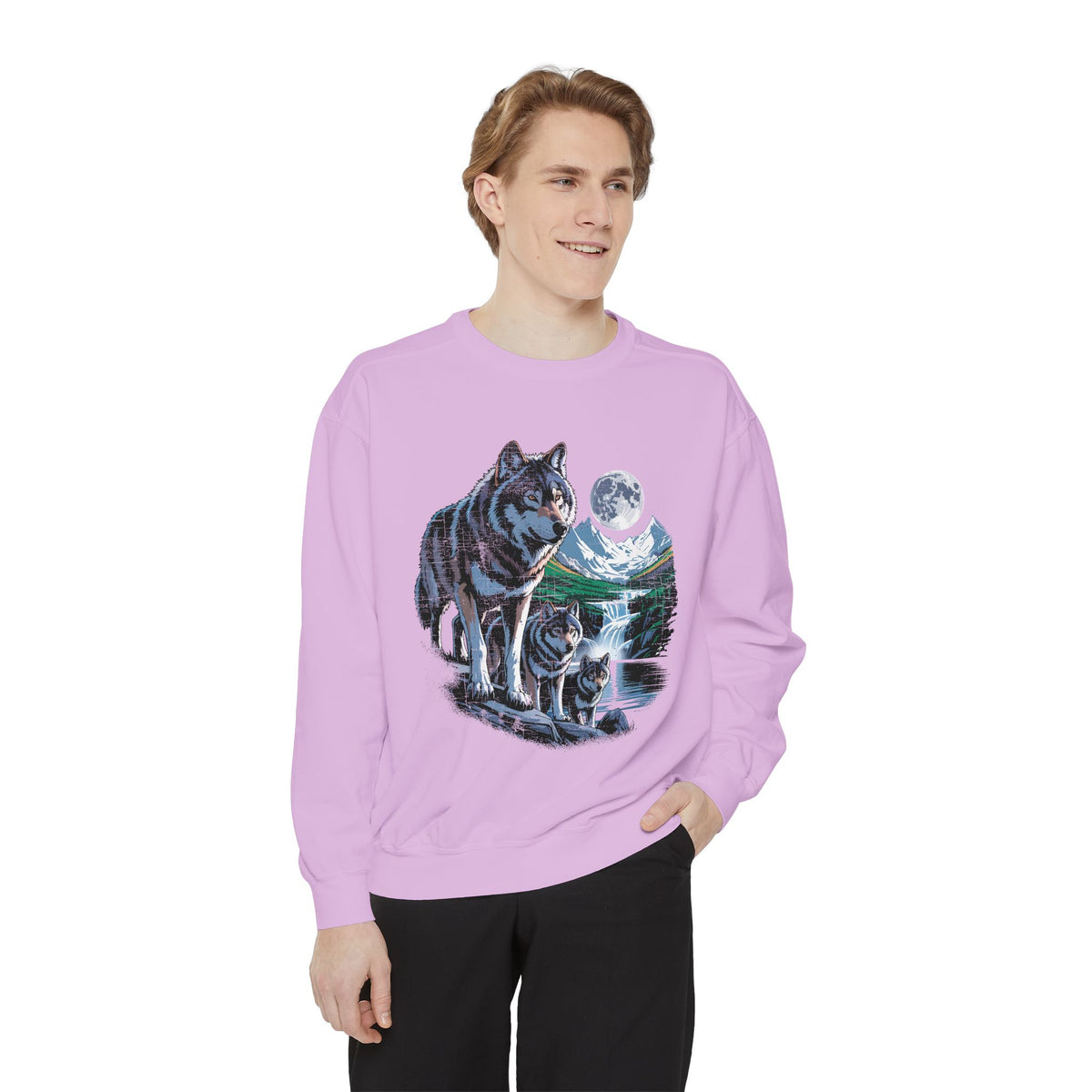 Wolf Pack Mountain Sweatshirt, Moonlit Wildlife Crewneck, Nature Lover Gift, Wilderness Forest Graphic Cozy Outdoor Pullover Unisex Top