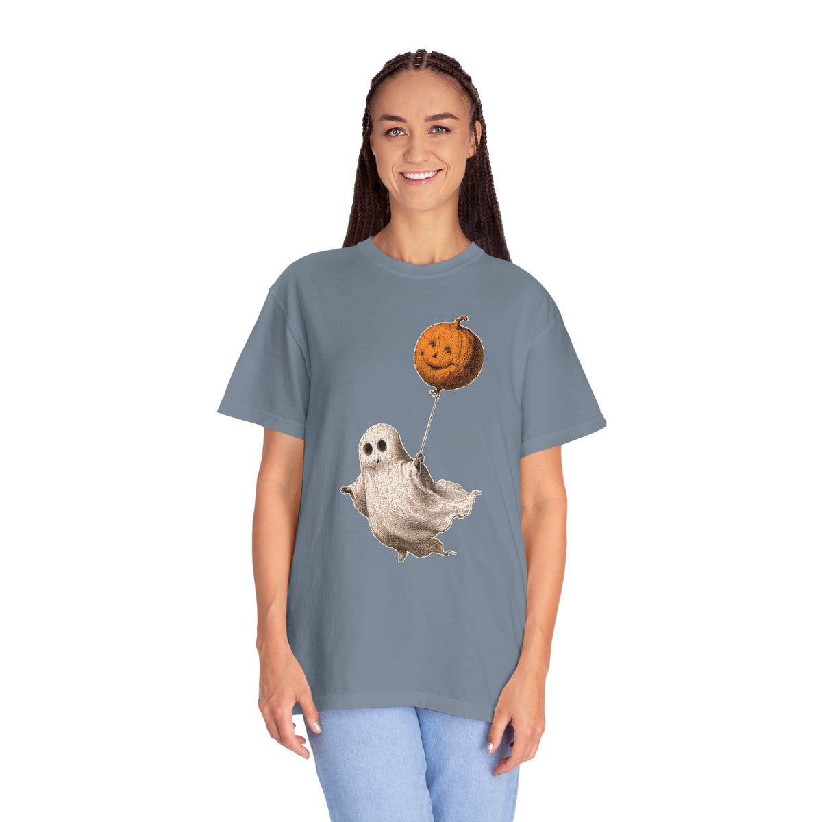 Cute Ghost Halloween Shirt, Pumpkin Balloon Graphic Tee, Vintage Spooky Season Gift for Women, Cozy October Fall Outfit for Ghost Lovers
