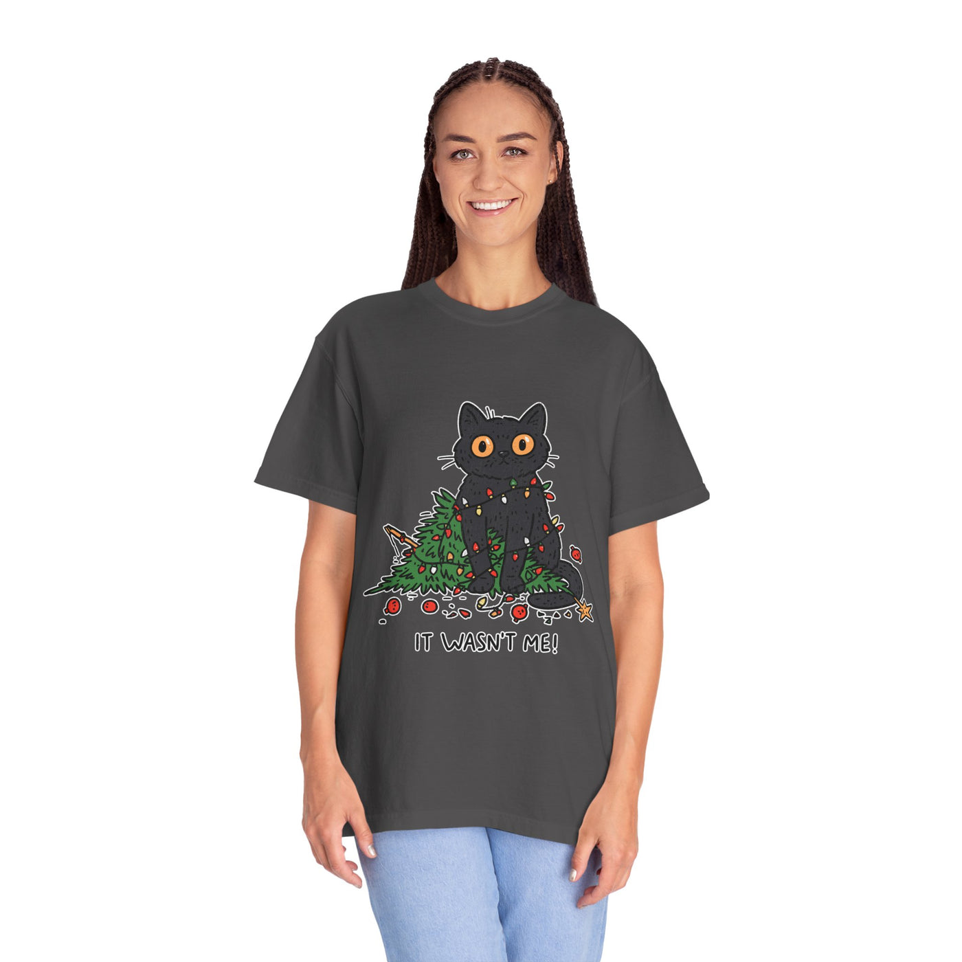 It Wasn't Me Black Cat Christmas Shirt, Funny Holiday T-Shirt, Mischievous Kitty Lights Tee, Gift for Cat Mom, Cat Dad, Christmas Party Top