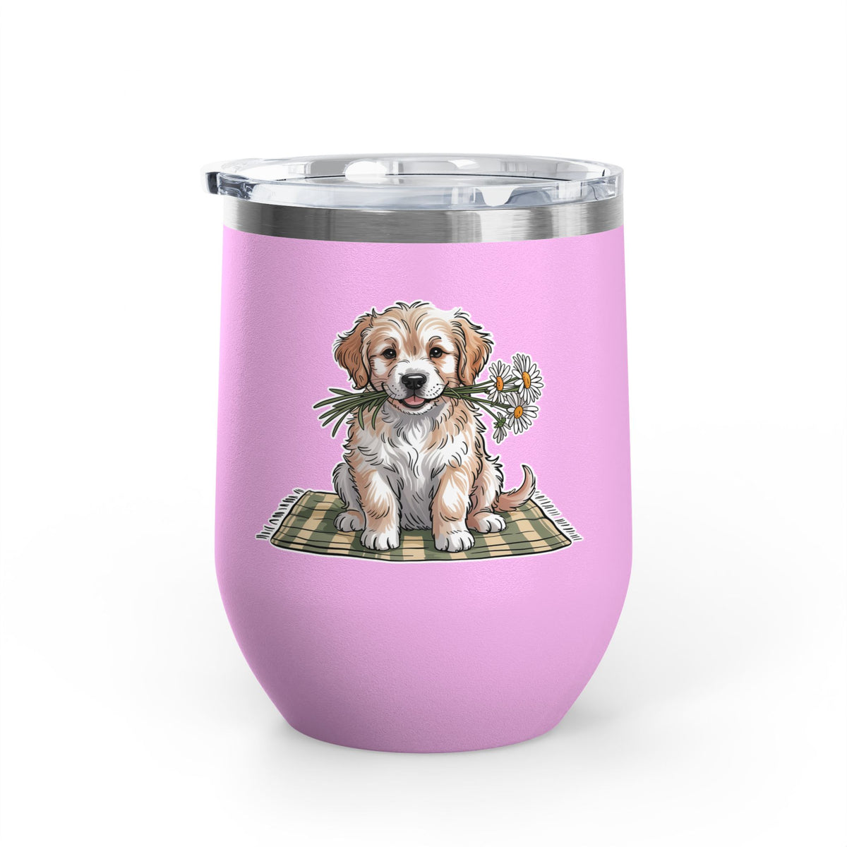 Golden Puppy Wine Tumbler, Cute Dog and Flower Cup, Gift for Dog Moms, Puppy Lovers, Pet Parents and Animal Lovers