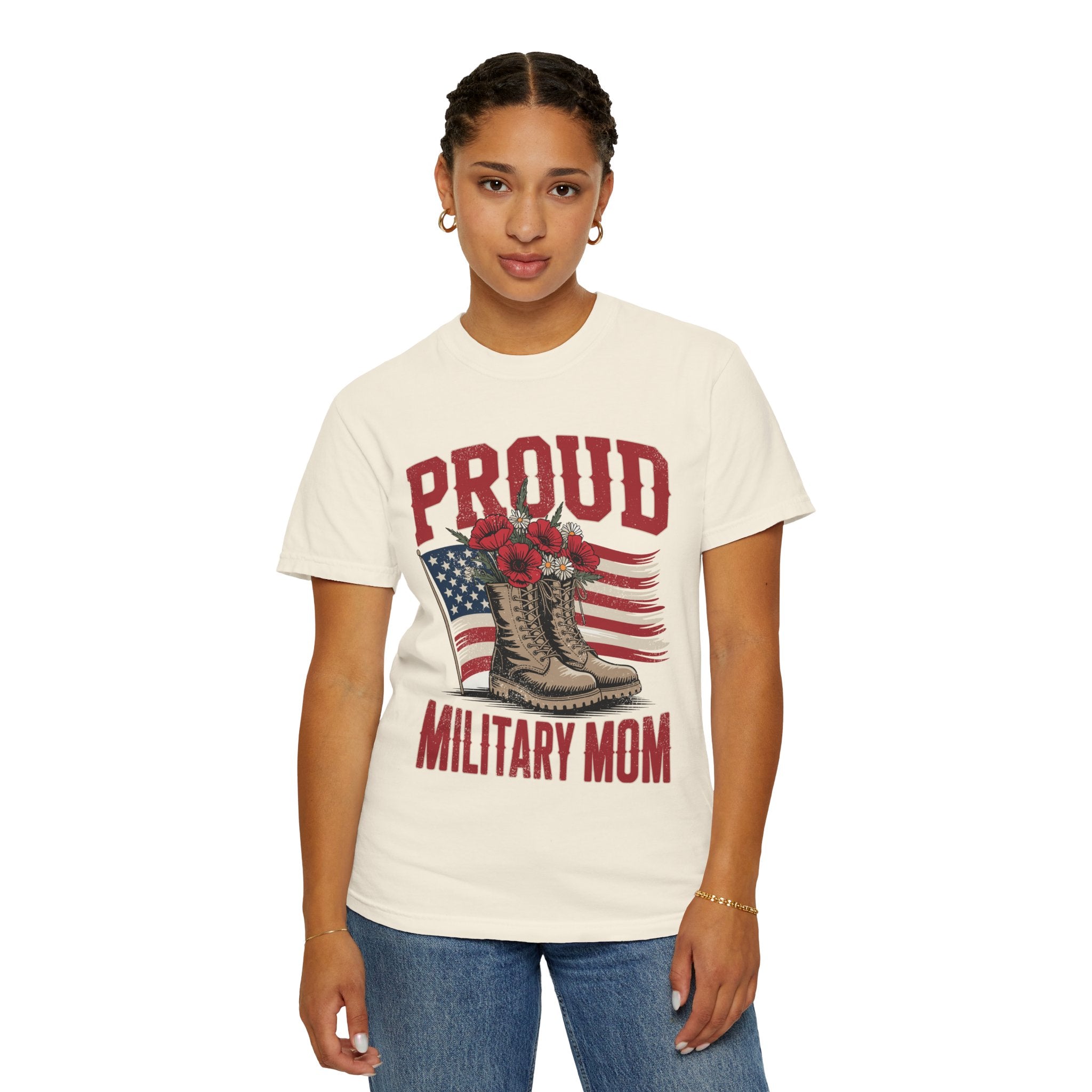 Proud Military Mom Shirt, Patriotic Army Mom T Shirt, Boots and Flowers Graphic Tee, American Flag Family Support Gift