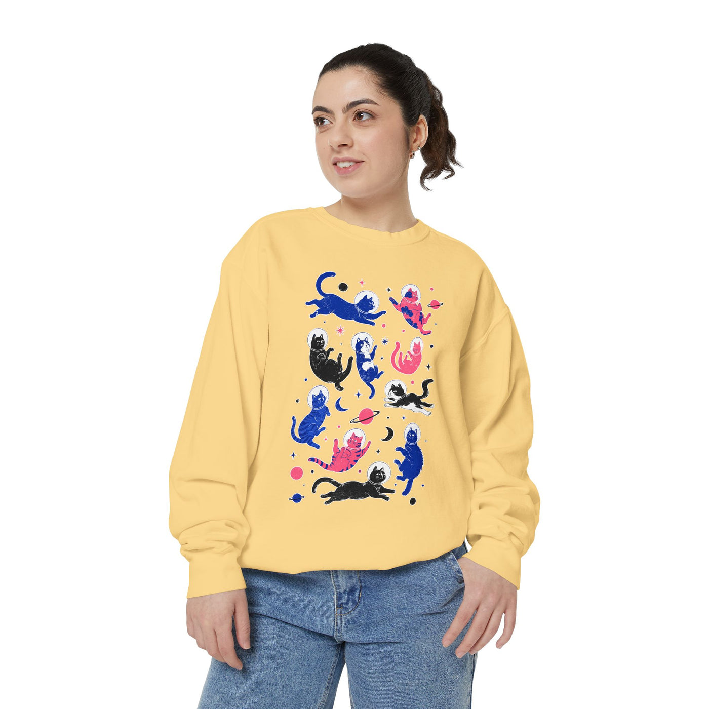 Space Cat Comfort Colors Sweatshirt, Astronaut Cat Graphic Crewneck, Galaxy Cat Lover Gift, Cute Cosmic Cat Sweatshirt