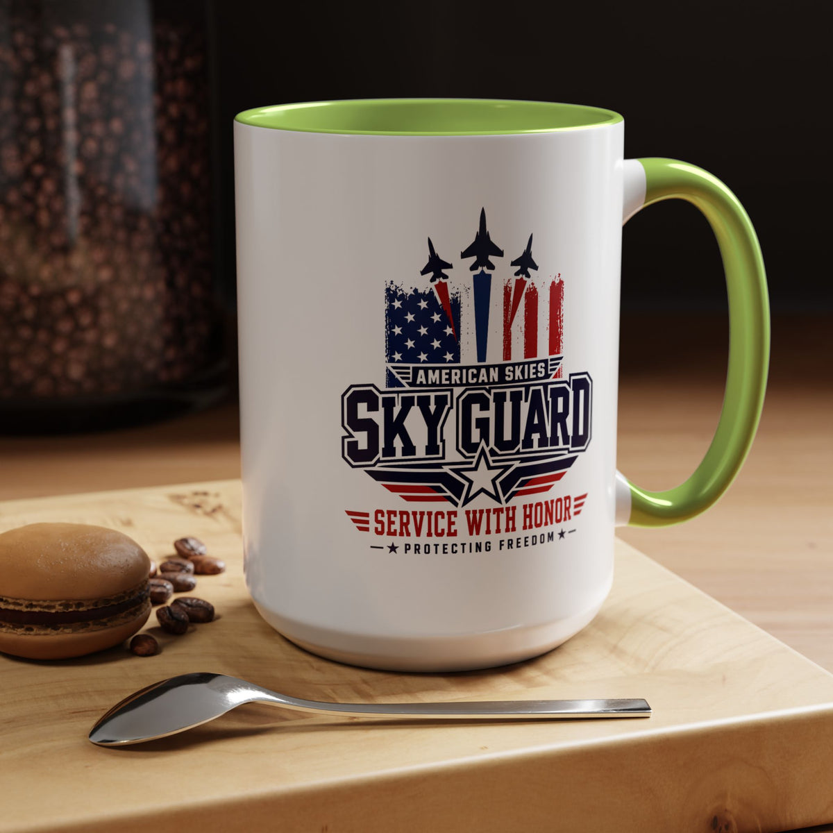 Military Aviation Coffee Mug, American Skies Skyguard Cup, Patriotic Fighter Jet Gift for Pilot, Veteran, Airman or Armed Forces Supporter