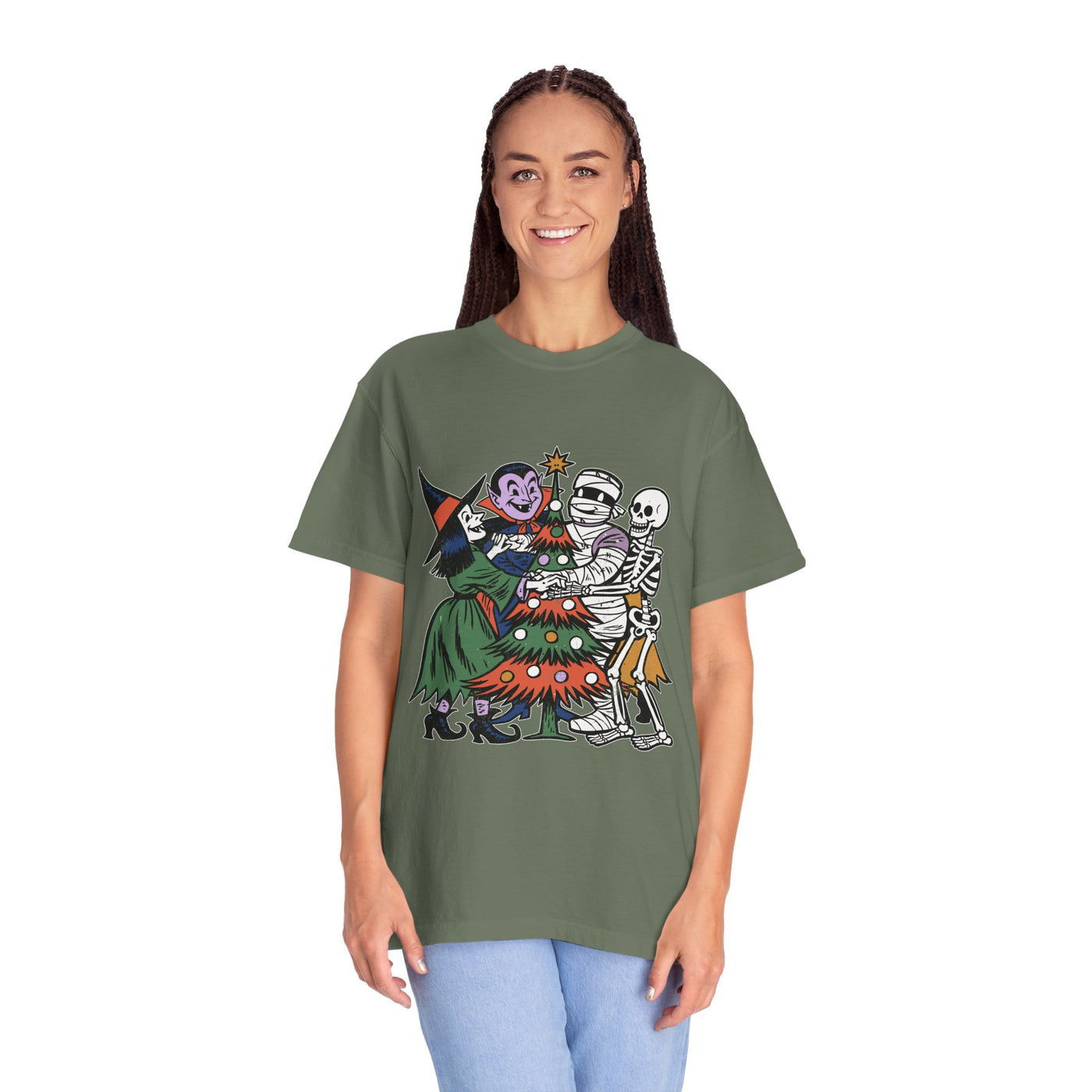 Spooky Christmas Shirt, Halloween Holiday Mashup T-Shirt, Witch Vampire Mummy and Skeleton Tree Tee, Gothic Christmas Gift for Horror Fan