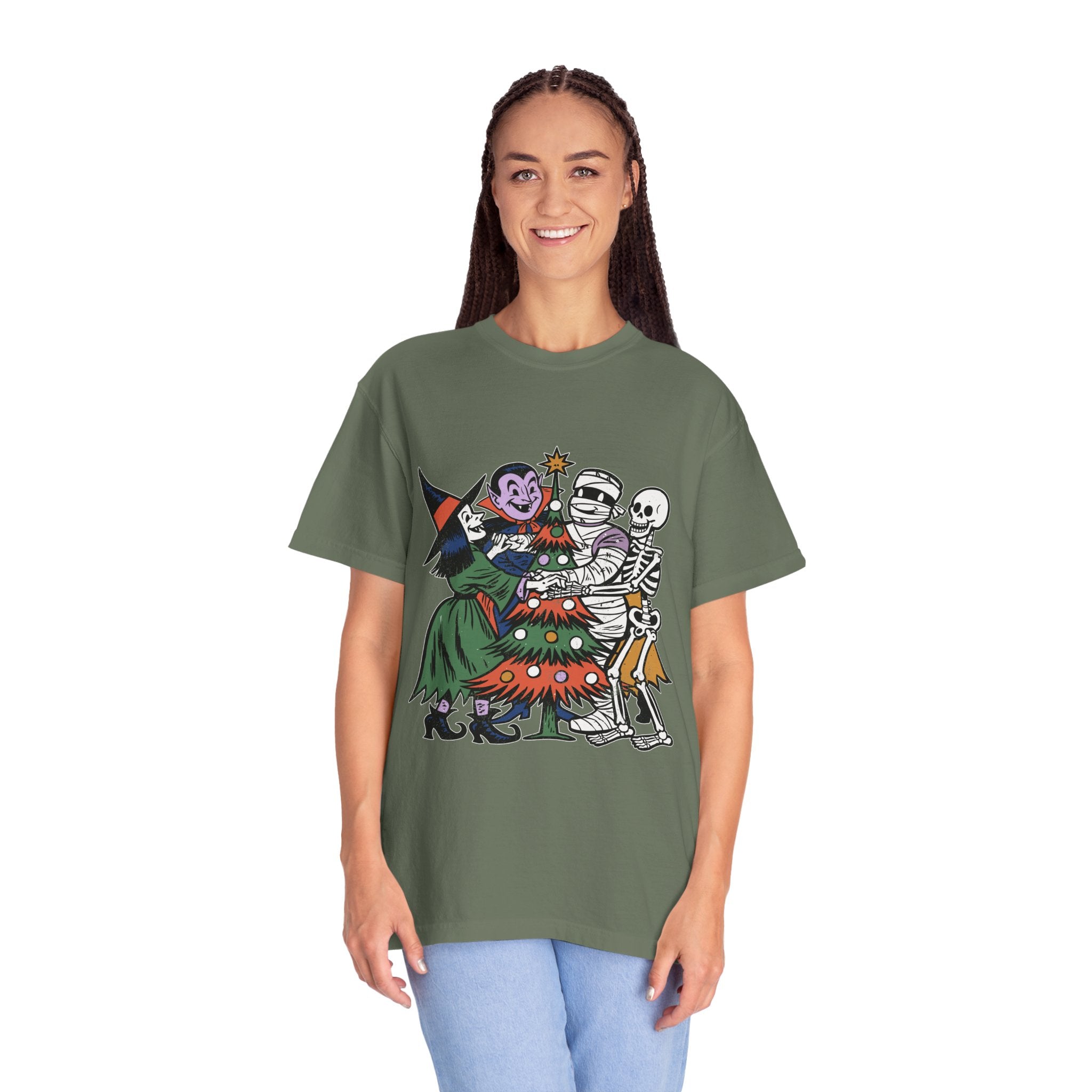 Spooky Christmas Shirt, Halloween Holiday Mashup T-Shirt, Witch Vampire Mummy and Skeleton Tree Tee, Gothic Christmas Gift for Horror Fan