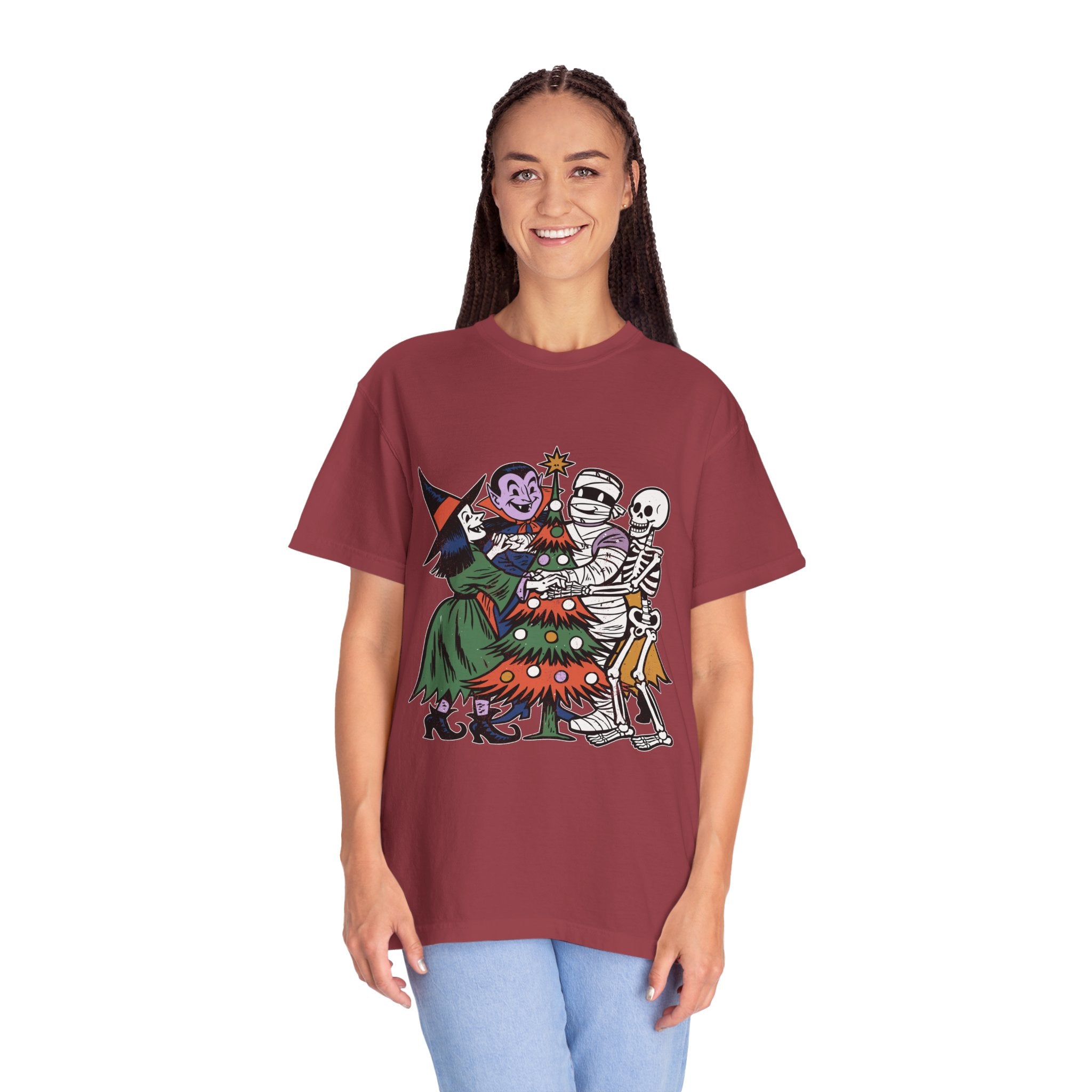 Spooky Christmas Shirt, Halloween Holiday Mashup T-Shirt, Witch Vampire Mummy and Skeleton Tree Tee, Gothic Christmas Gift for Horror Fan