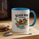 Beach Mode Sloth Coffee Mug, Funny Summer Vacation Gift for Sloth Lovers, Cute Tropical Hammock Ceramic Tea Cup with Blue Handle
