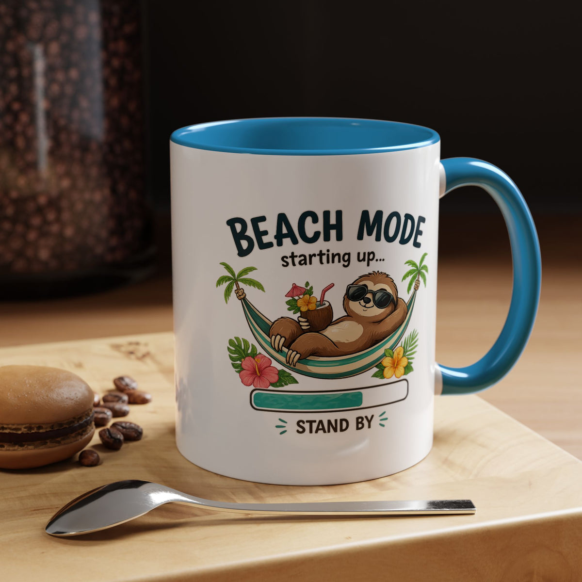 Beach Mode Sloth Coffee Mug, Funny Summer Vacation Gift for Sloth Lovers, Cute Tropical Hammock Ceramic Tea Cup with Blue Handle