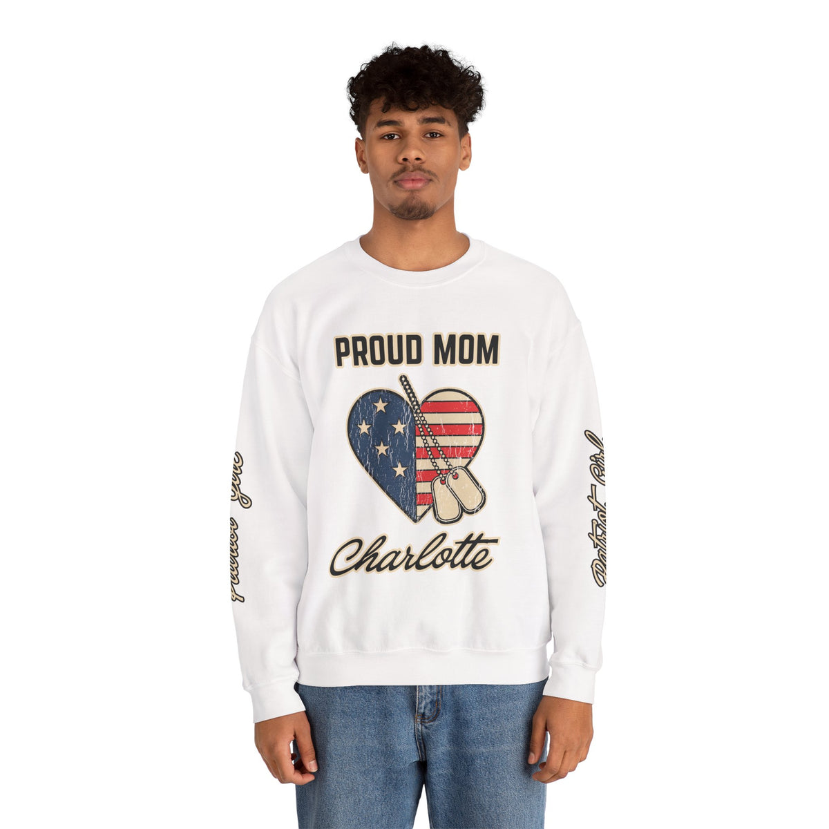Personalized Proud Mom Sweatshirt, Custom Military Mom Pullover, American Flag Heart Crewneck, Military Mom Gift, Patriotic Mother Shirt