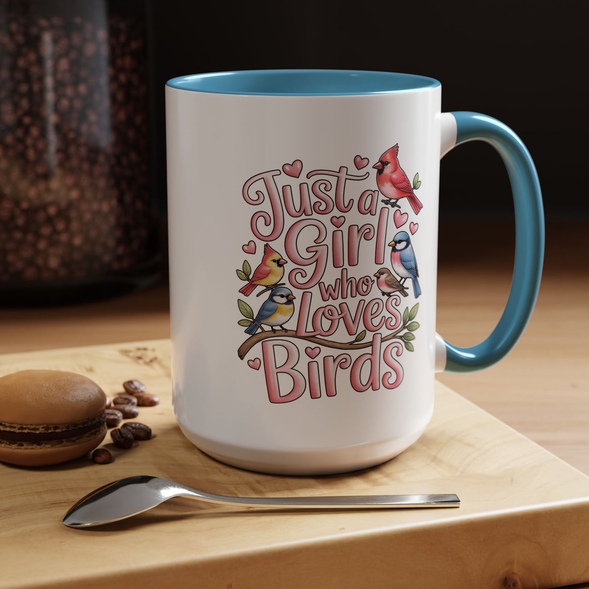 Bird Lover Coffee Mug, Just a Girl Who Loves Birds Quote, Pink Lettering and Garden Songbird Design, Birthday Gift for a Birdwatching Friend