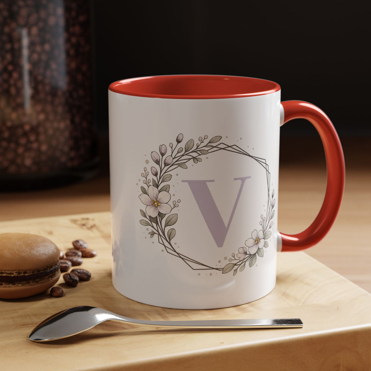 Letter V Monogram Mug, Floral Initial Coffee Mug for Women, Botanical Alphabet Cup, Minimalist Monogram Gift, Personalized Letter Mug