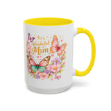 To a Wonderful Mum Coffee Mug, Cute Butterfly Birthday Gift for Mother, Floral Pastel Watercolor Ceramic Tea Cup with Pink Handle, Mum Gift