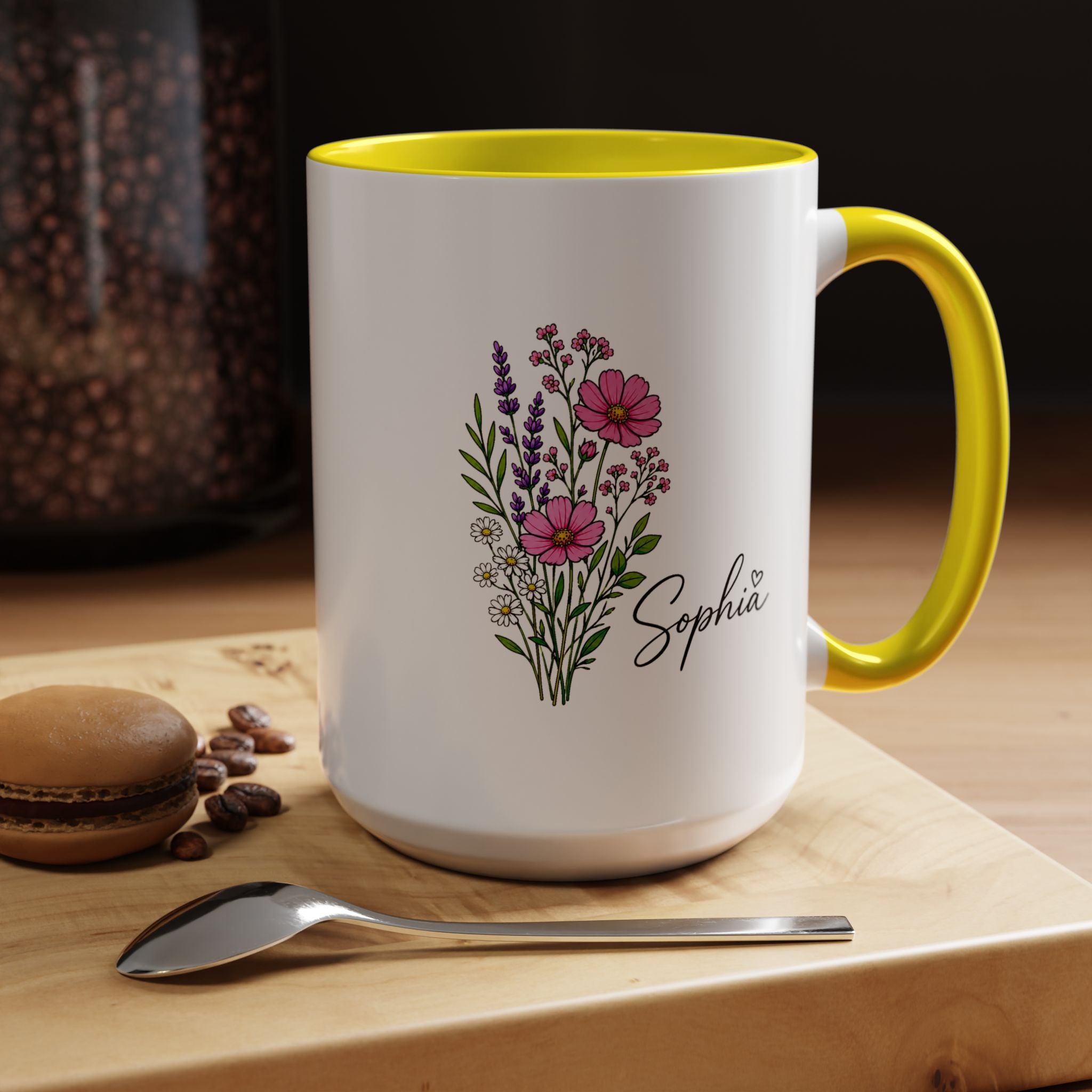 Personalized Floral Name Mug, Custom Wildflower Coffee Cup for Her, Birthday Gift for Women, Botanical Friend or Coworker Keepsake