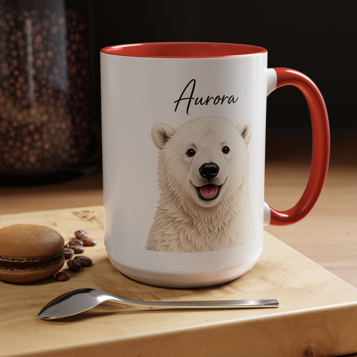 Custom Polar Bear Coffee Mug with Name, Personalized Arctic Animal Gift for Kids, Cute Winter Holiday Ceramic Tea Cup with Orange Handle