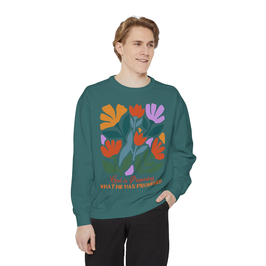 Christian Floral Comfort Colors Sweatshirt, Faith Based Crewneck for Women, God Is Preparing What He Has Promised Sweatshirt