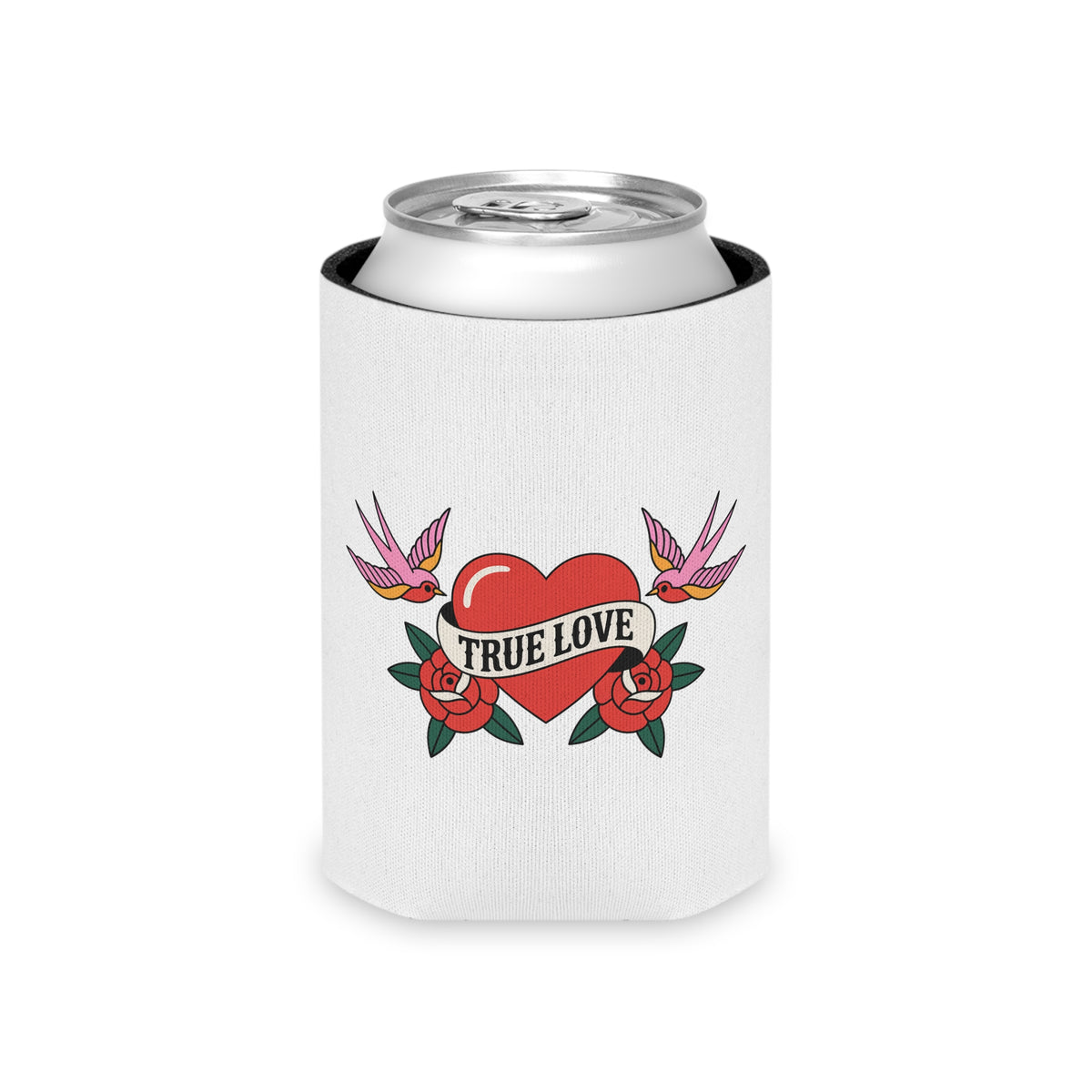 True Love Can Cooler, Vintage Heart and Roses Drink Sleeve, Romantic Valentine's Day Gift, Retro Tattoo Style Gift for Couples