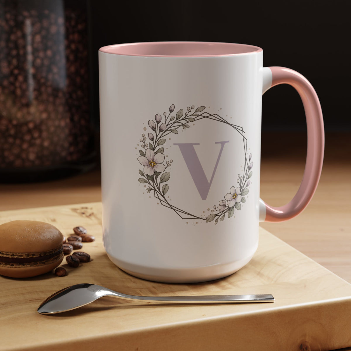 Letter V Monogram Mug, Floral Initial Coffee Mug for Women, Botanical Alphabet Cup, Minimalist Monogram Gift, Personalized Letter Mug