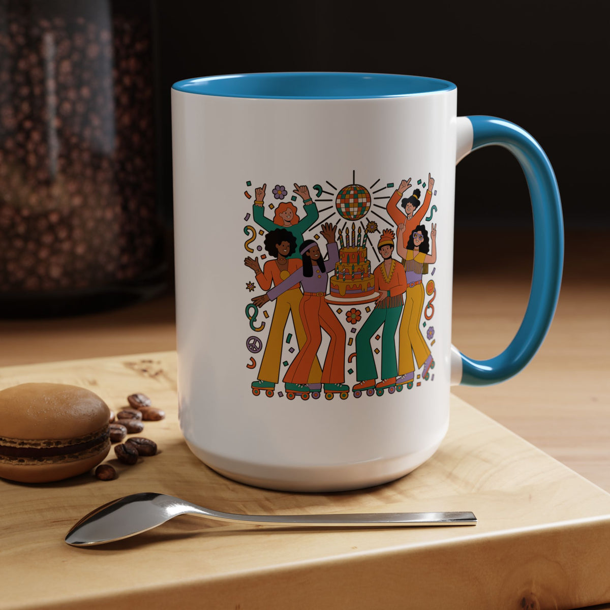 Retro Disco Birthday Coffee Mug, 70s Roller Skating Party Design, Groovy Gift for a Skater Friend Who Loves Colorful Nostalgic Drinkware